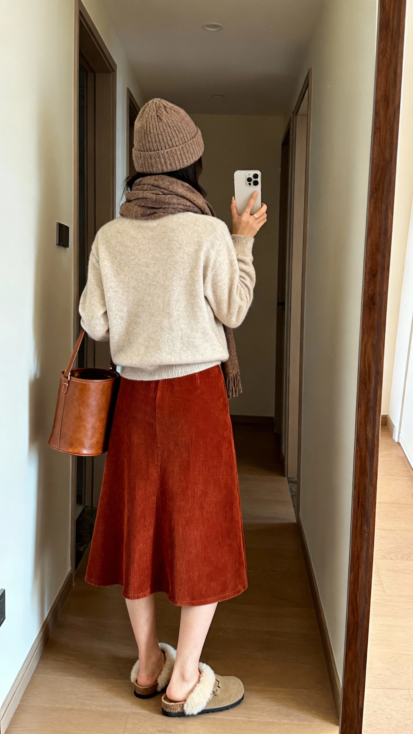 iPhone back-view selfie of a woman in a rust corduroy A-line skirt, soft oatmeal crewneck sweater, shearling-lined clogs, wool beanie and scarf, leather bucket bag; face not visible, hallway mirror, warm indoor lighting, casual iPhone quality.