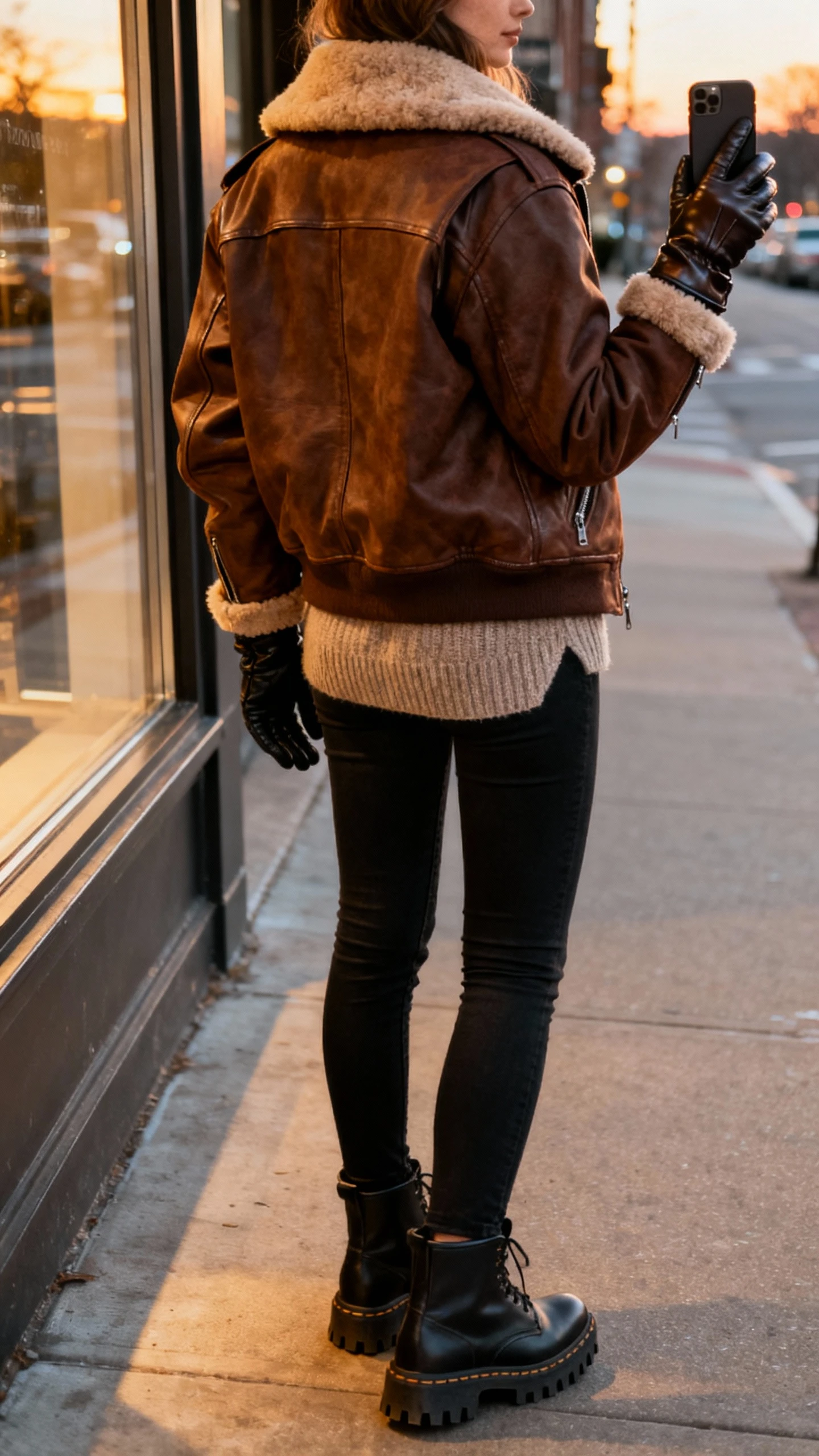 iPhone back-view selfie of a woman wearing a shearling-lined aviator jacket in chocolate brown, cashmere sweater, black skinny jeans, lug-sole boots, leather gloves, face not visible, street window reflection at dusk, natural iPhone photo quality