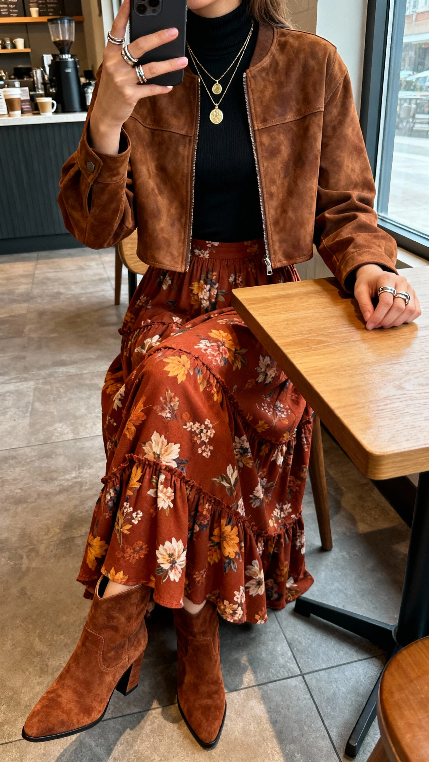 iPhone cafe table selfie cropped at neck showing a woman in a rust fall-floral tiered maxi skirt, black mock-neck bodysuit, heeled suede booties, cropped suede jacket, layered pendant necklaces and stacked rings; face not visible, window light, cozy coffee shop, natural iPhone aesthetic.