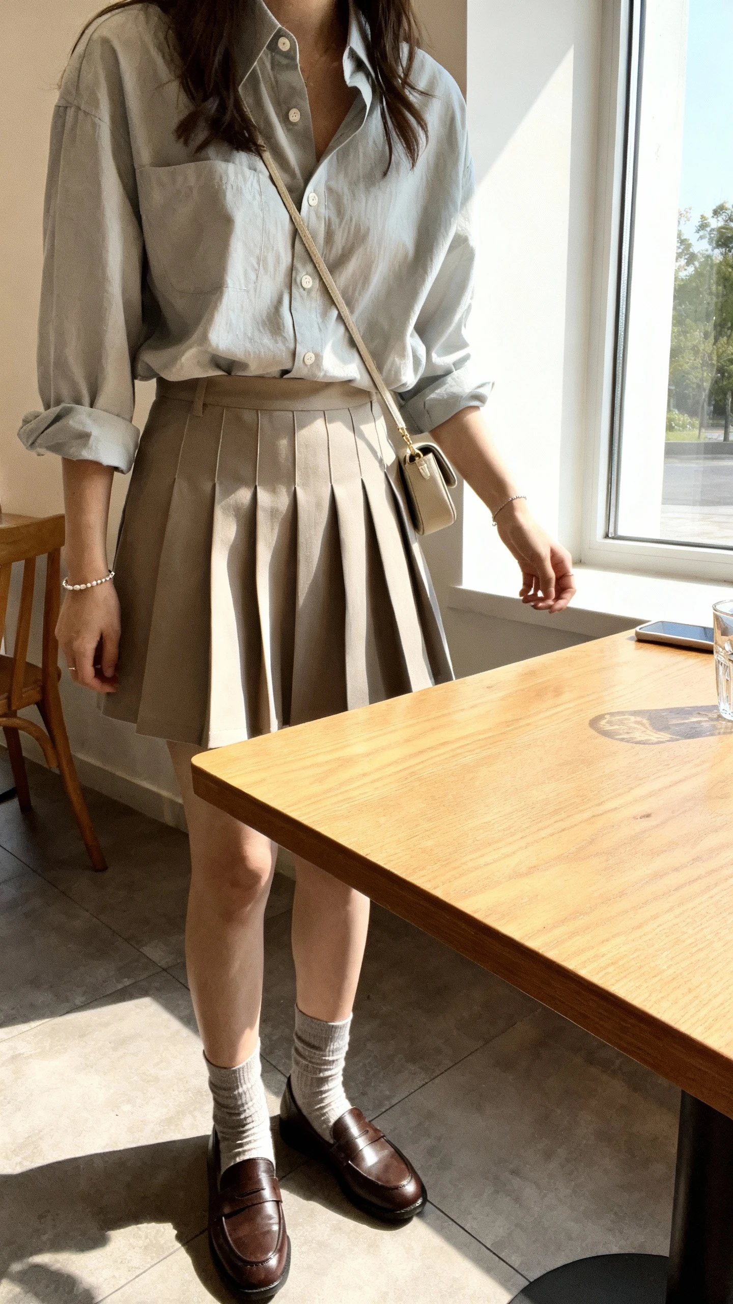 iPhone cafe table selfie, cropped at shoulders, showing a woman in a pleated skort with a slightly oversized button-up tucked in, loafers with socks, dainty bracelet and small crossbody, face not visible, bright morning window light, natural iPhone photo quality.