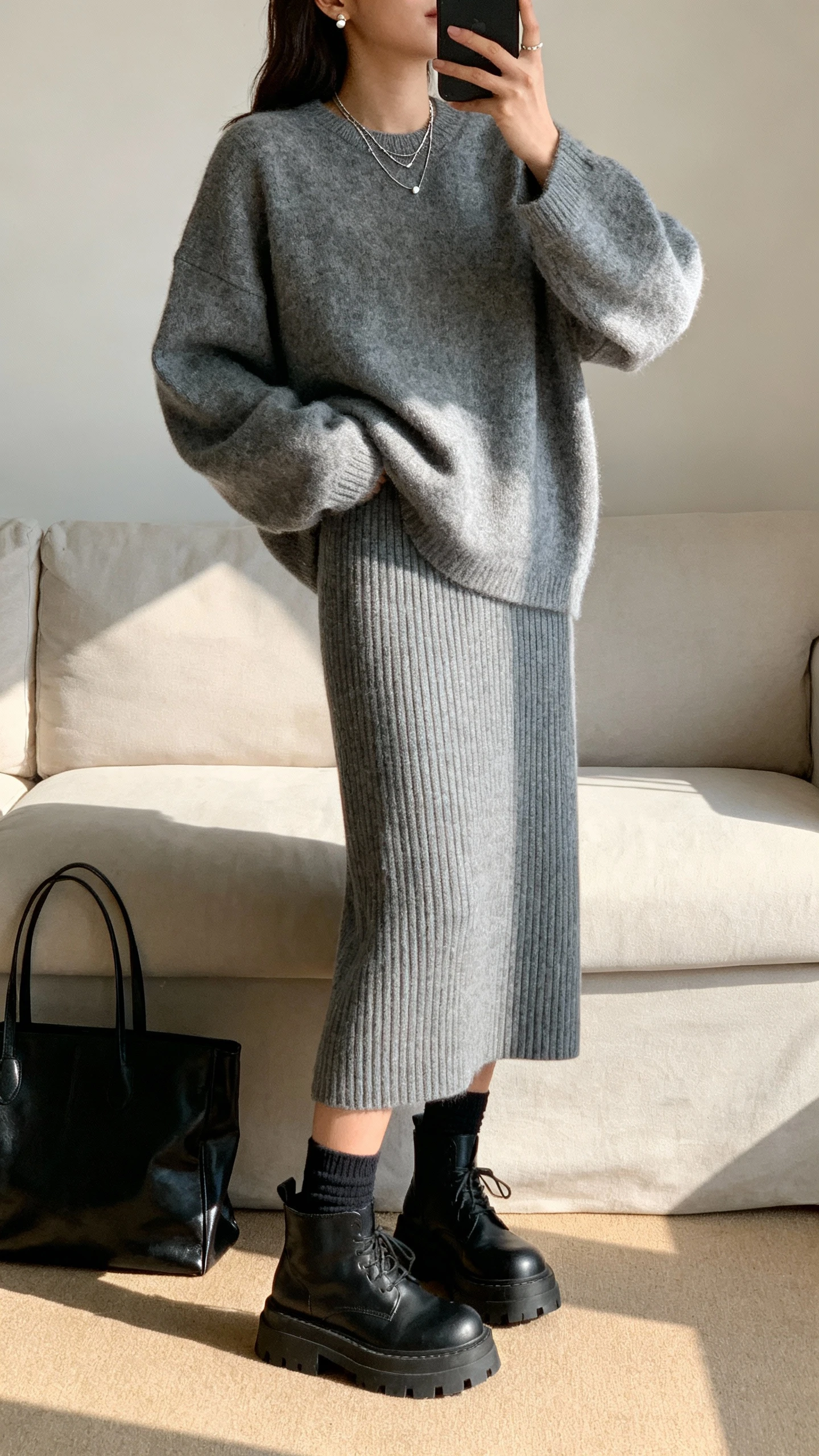 iPhone couch selfie of a woman in a heather gray ribbed knit midi skirt with matching slightly oversized sweater, chunky black ankle boots with socks, minimalist leather tote on the floor, layered necklaces and simple stud earrings; face not visible, side angle, living room afternoon light, casual iPhone photo.