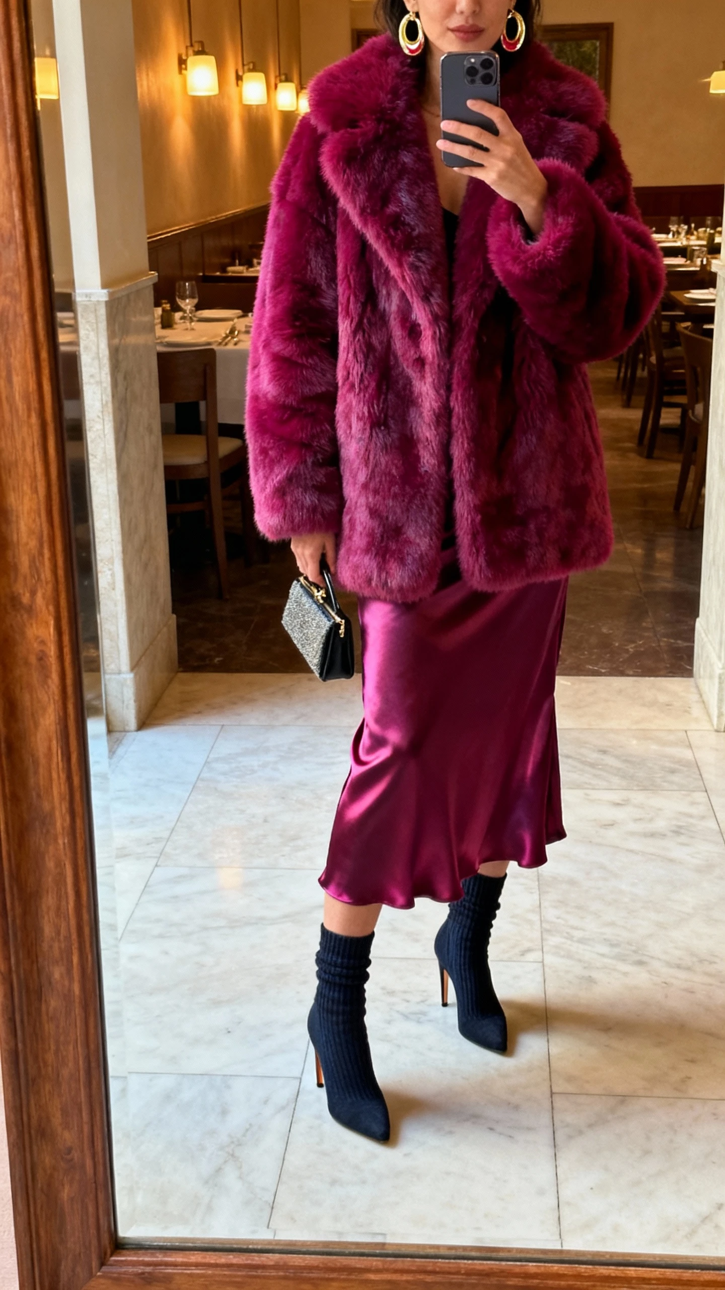 iPhone cropped-at-shoulders selfie of a woman wearing a statement faux fur coat in saturated jewel tone, satin slip skirt, heeled sock boots, small clutch, bold earrings, face not visible, restaurant foyer mirror with warm ambient lighting, natural iPhone photo quality