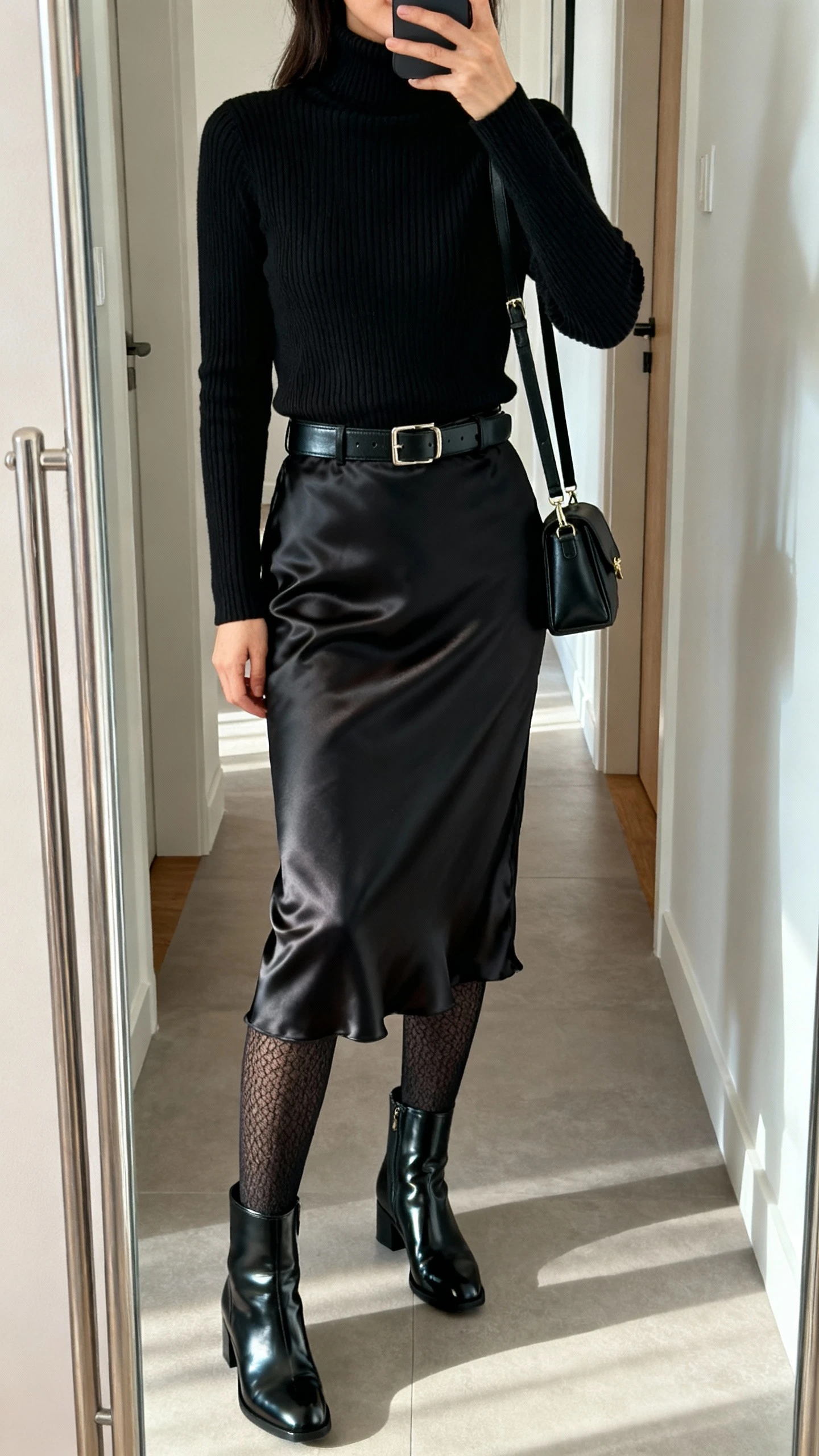 iPhone mirror selfie of a woman in an all-black outfit: ribbed turtleneck, satin midi slip skirt, textured tights, patent ankle boots, leather belt, small black shoulder bag, face not visible, cropped at shoulders, modern entryway mirror, soft daylight, natural iPhone look.