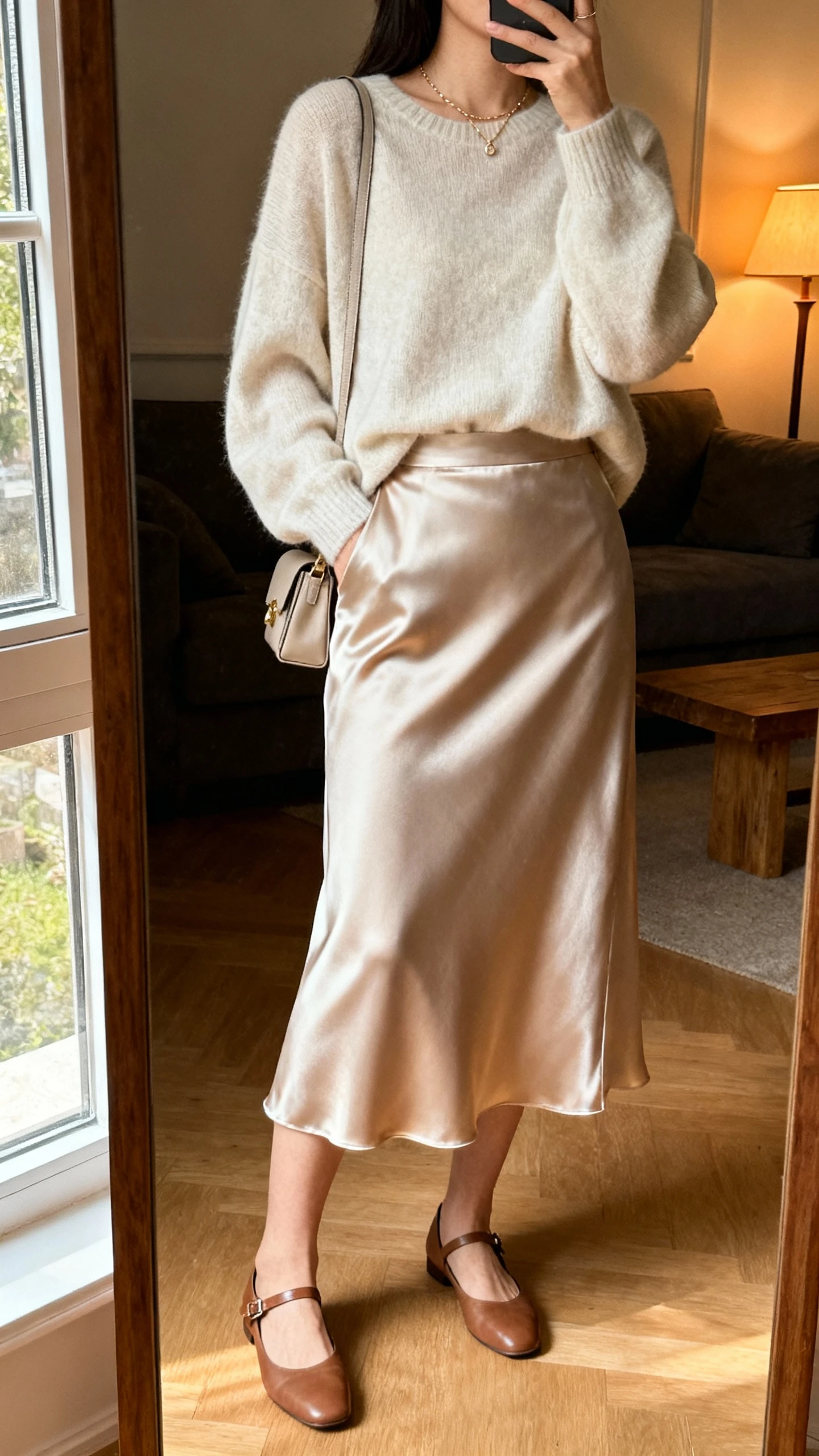 iPhone mirror selfie of a woman wearing a soft slouchy sweater tucked into a bias-cut silk-satin midi skirt, ankle strap flats, dainty necklace, small shoulder bag, face not visible, cropped at shoulders, living room mirror, warm indoor lamp + window light, casual iPhone quality.