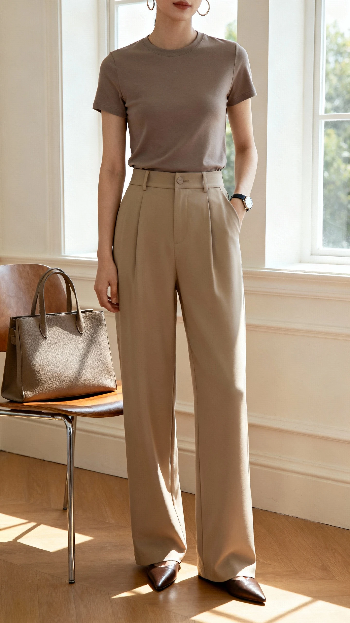 iPhone office selfie cropped at shoulders showing a woman in a fitted polished tee tucked into high-waist wide-leg trousers, pointed flats, minimalist watch and hoop earrings, structured tote on chair, face not visible, morning window light, natural iPhone photo.