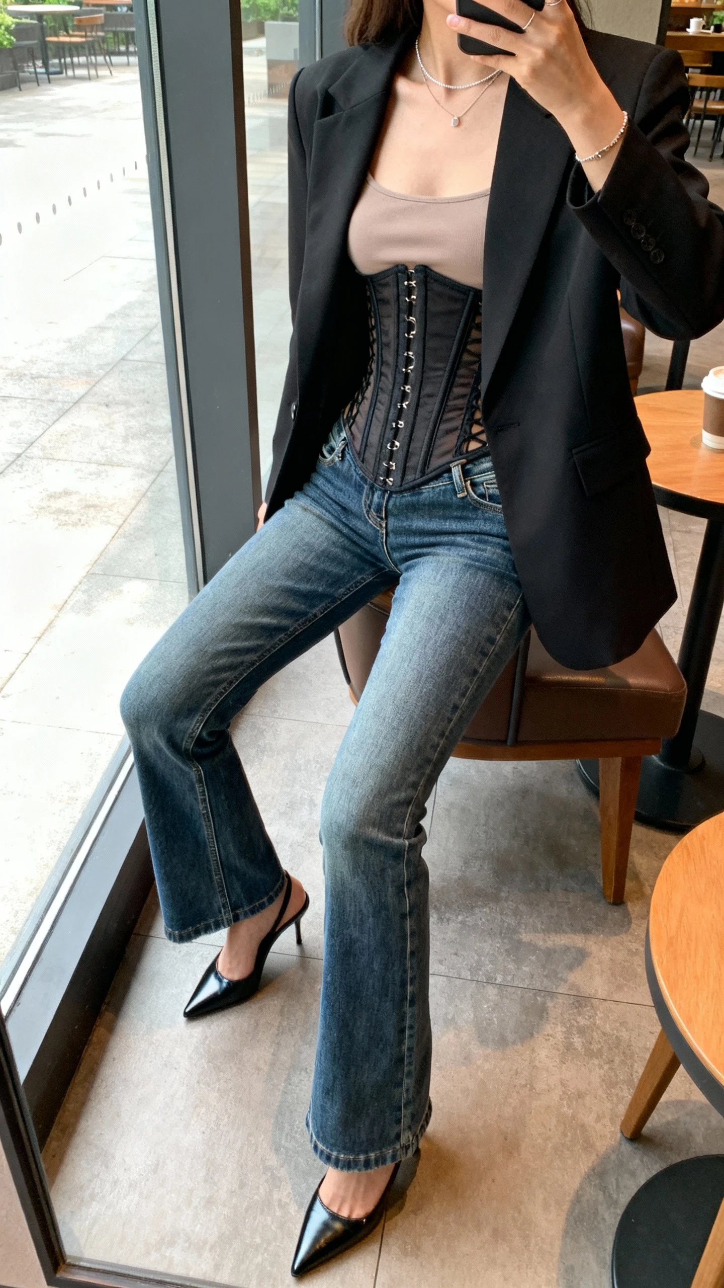 iPhone side-angle selfie of a woman in corseted jeans, a sharp blazer over a corset-style top, pointed heels, and minimalist jewelry, face not visible, coffee shop seating, morning window light, natural iPhone photo quality