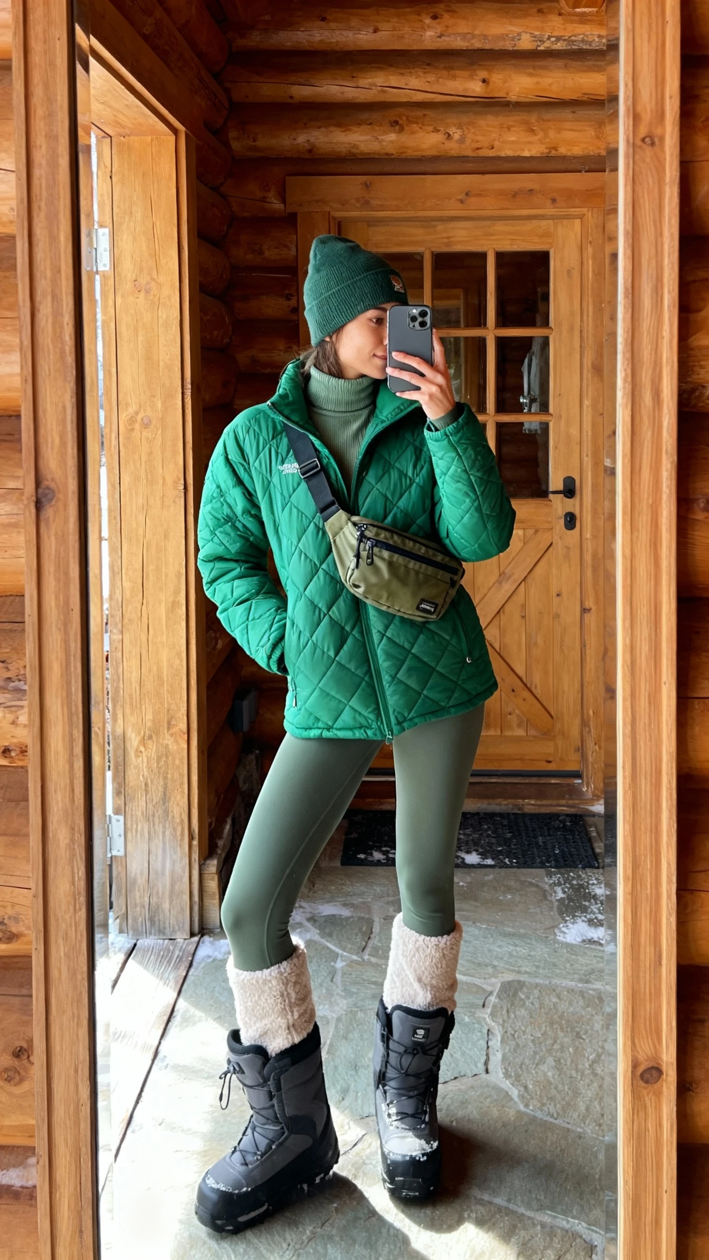 iPhone side-angle selfie of a woman wearing an après-ski quilted jacket in alpine green, thermal turtleneck, fleece-lined leggings, chunky snow boots, beanie, crossbody nylon belt bag, face not visible, chalet entryway mirror with daylight, natural iPhone photo quality