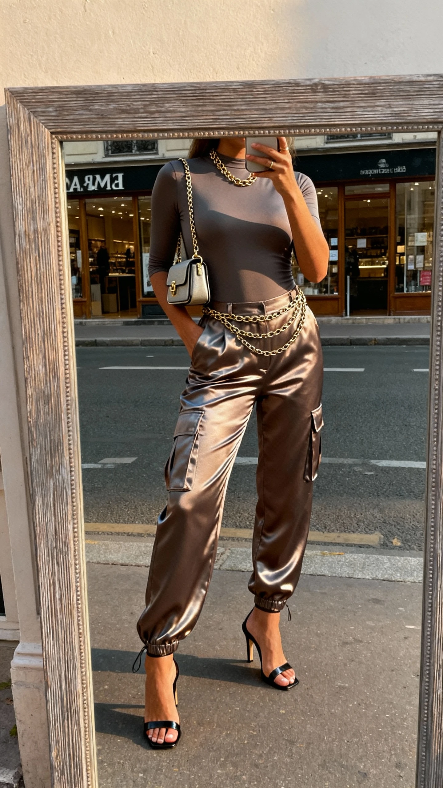iPhone street-mirror selfie of a woman in tailored satin-finish cargo pants, a fitted bodysuit, sleek heeled sandals, layered chains, and a mini shoulder bag, face not visible, urban storefront reflection, late afternoon daylight, natural iPhone photo quality