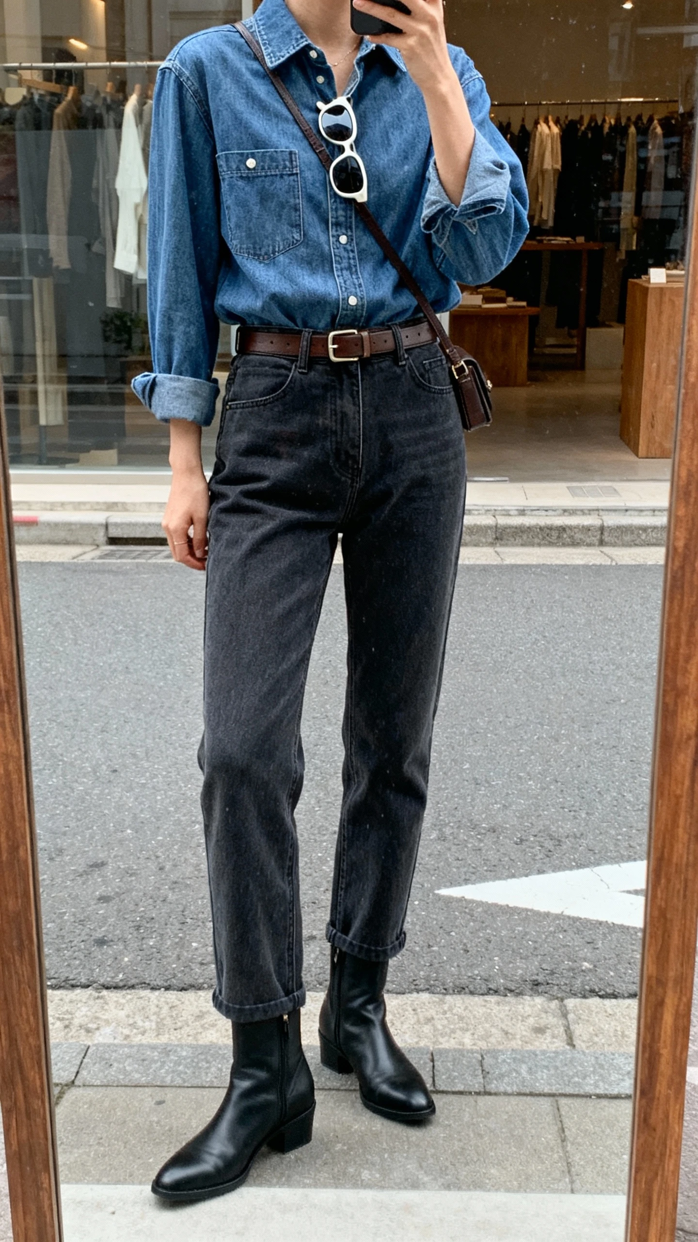 iPhone street-mirror selfie (shop window) of a woman wearing denim shirt tucked into darker high-rise jeans, black ankle boots, slim leather belt, small crossbody, sunglasses pushed into collar, face not visible, overcast daylight, casual iPhone quality.