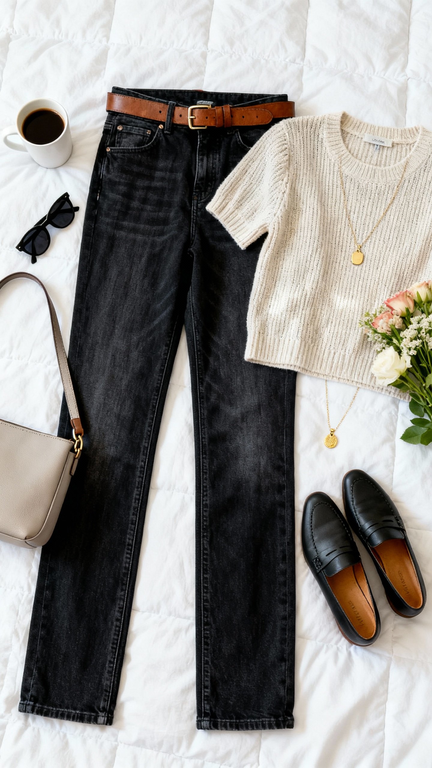 Flat lay overhead view of elevated jeans-and-top combo: dark-wash straight jeans, refined knit top, loafers, leather belt, minimalist shoulder bag, sunglasses, small gold pendant necklace on white duvet, coffee cup and fresh flowers as props, bright natural light, organized composition, no person visible, iPhone photo