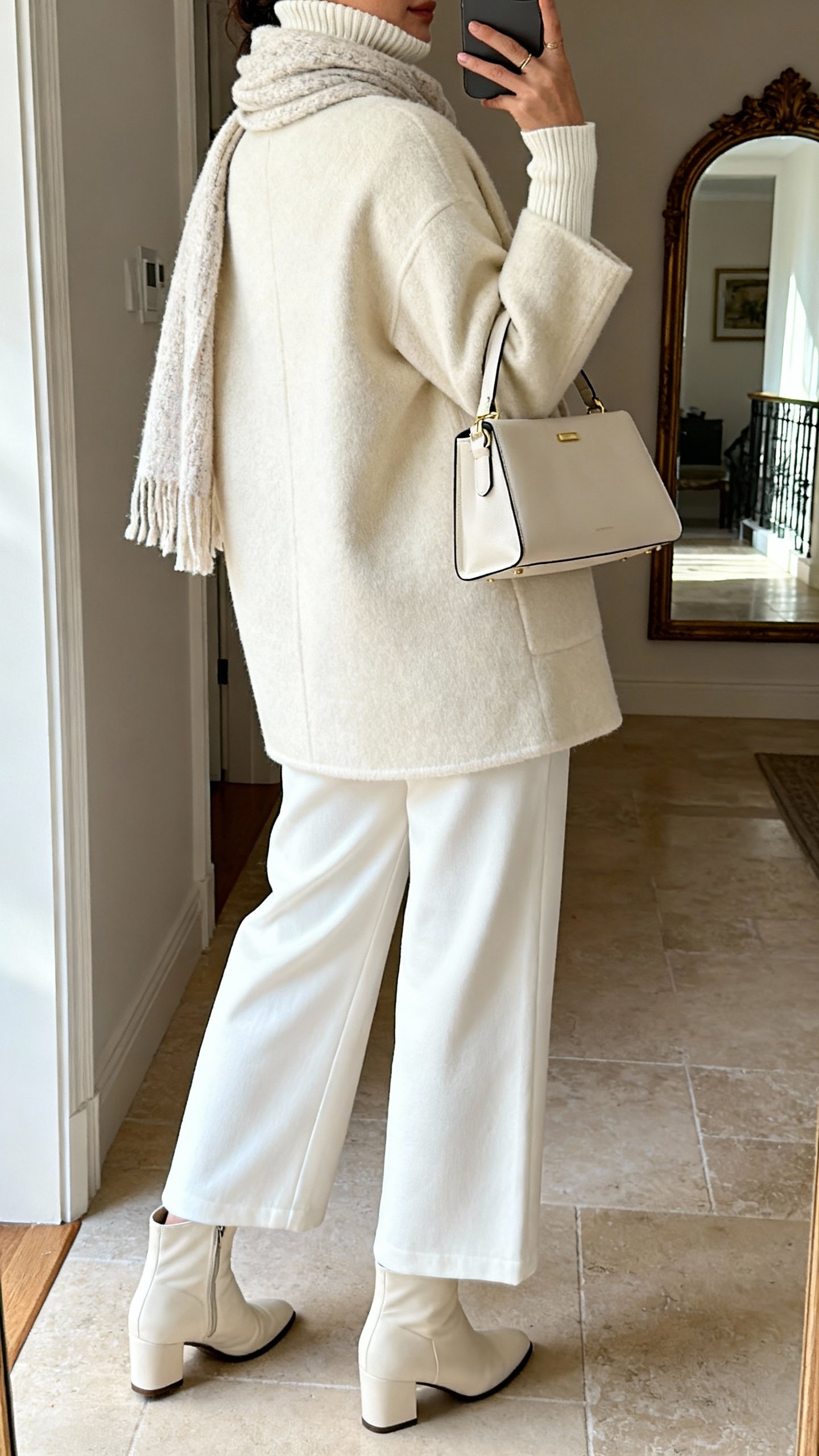 iPhone back-view selfie of a woman in winter-white layers: ivory turtleneck, cream wool coat, white wide-leg trousers, off-white ankle boots, cozy scarf, and structured handbag, face not visible, foyer mirror, soft daylight, natural iPhone photo quality.
