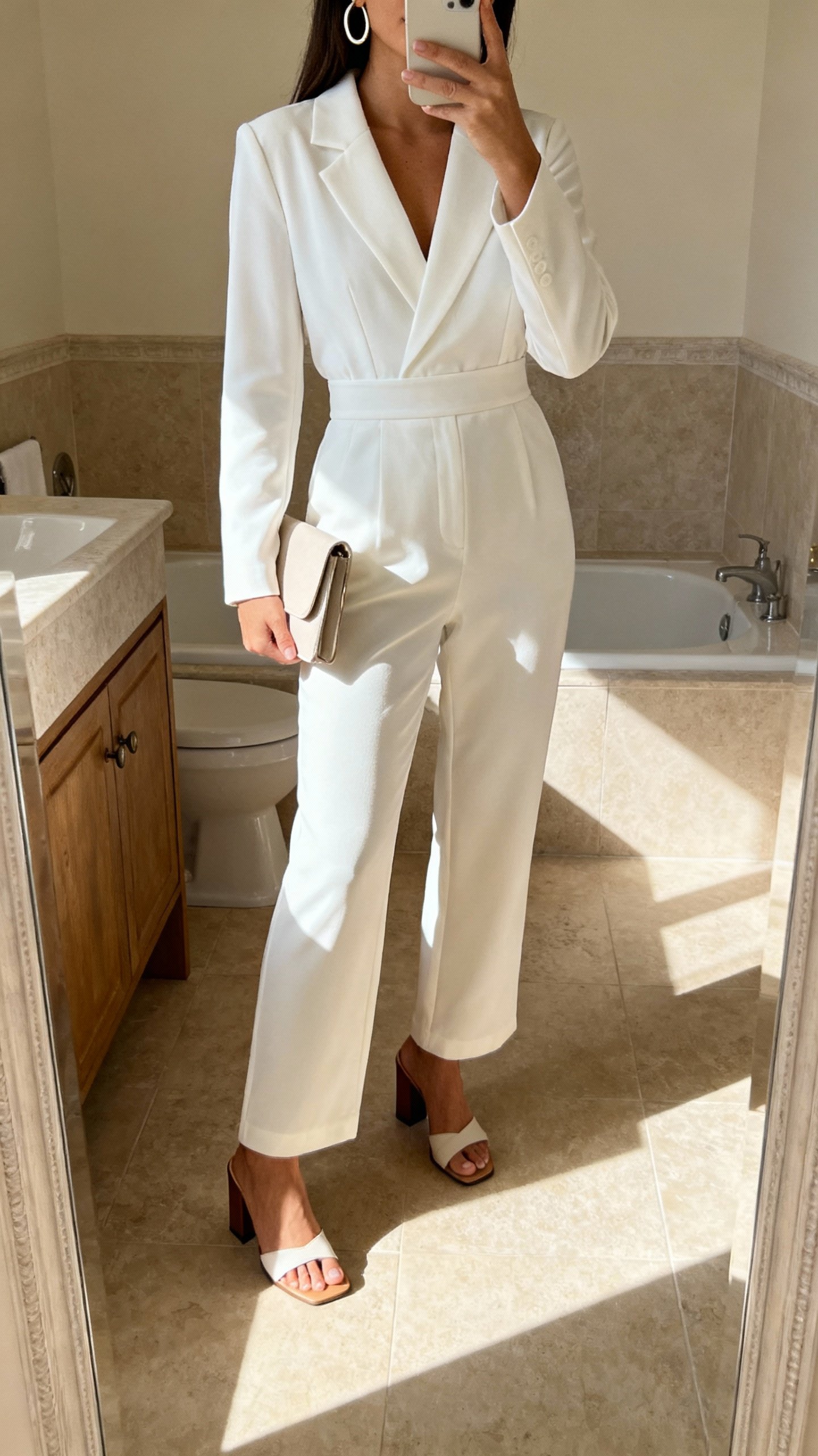 iPhone bathroom mirror selfie of a woman in a tailored white jumpsuit with defined waist, block-heel sandals, hoop earrings, and a minimalist clutch, face not visible, warm indoor lighting, natural iPhone photo quality.