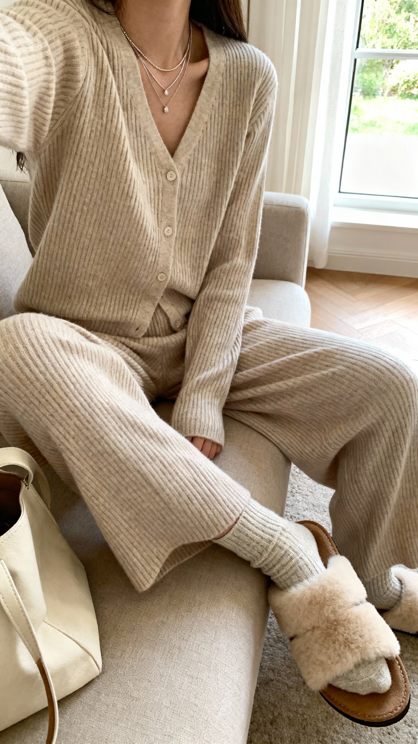 iPhone couch selfie, side angle, showing a matching ribbed knit set (oatmeal cardigan and wide-leg knit pants) with shearling slides, delicate layered necklaces, soft wool socks, tote on side; living room window light, face not visible, natural iPhone aesthetic.