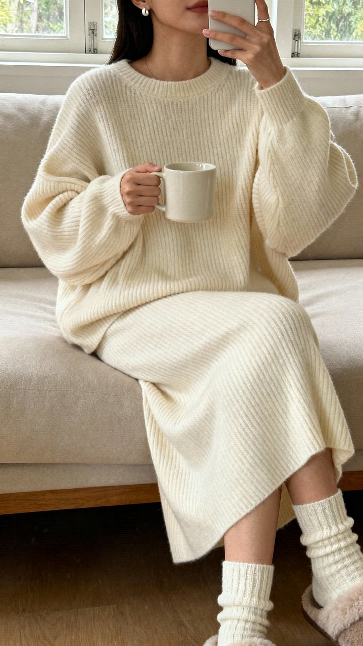 iPhone couch-side selfie of a woman in a creamy ribbed knit set (slouchy sweater and matching midi skirt) with cozy socks, simple studs, and a mug, face not visible, cropped at shoulders, soft window light, natural iPhone photo quality.