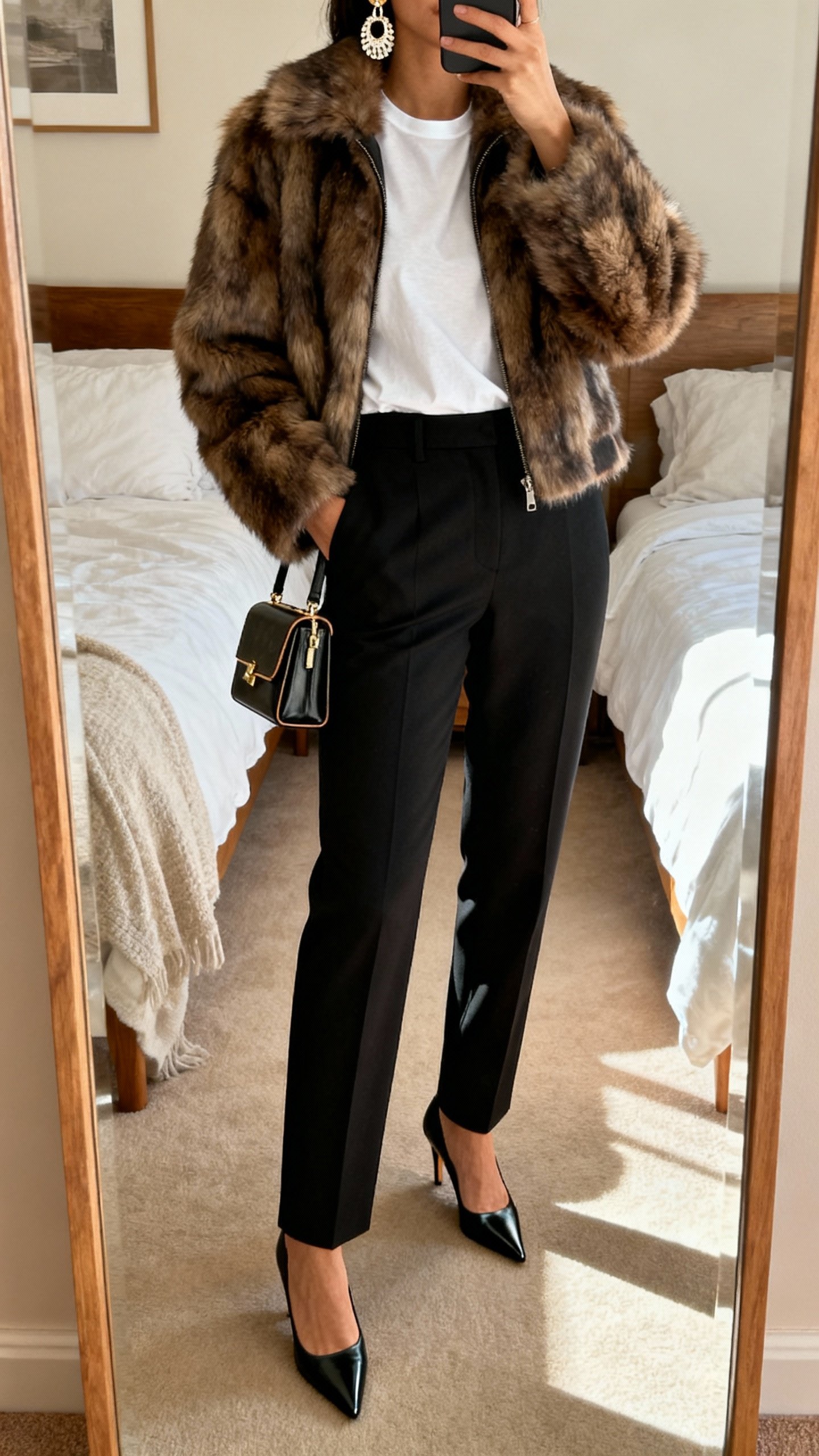 iPhone full-length mirror selfie featuring a faux fur jacket over a crisp white tee and tailored black suit pants, pointed-toe heels, structured mini bag, statement earrings, face not visible, bedroom mirror, warm indoor light, natural iPhone photo.