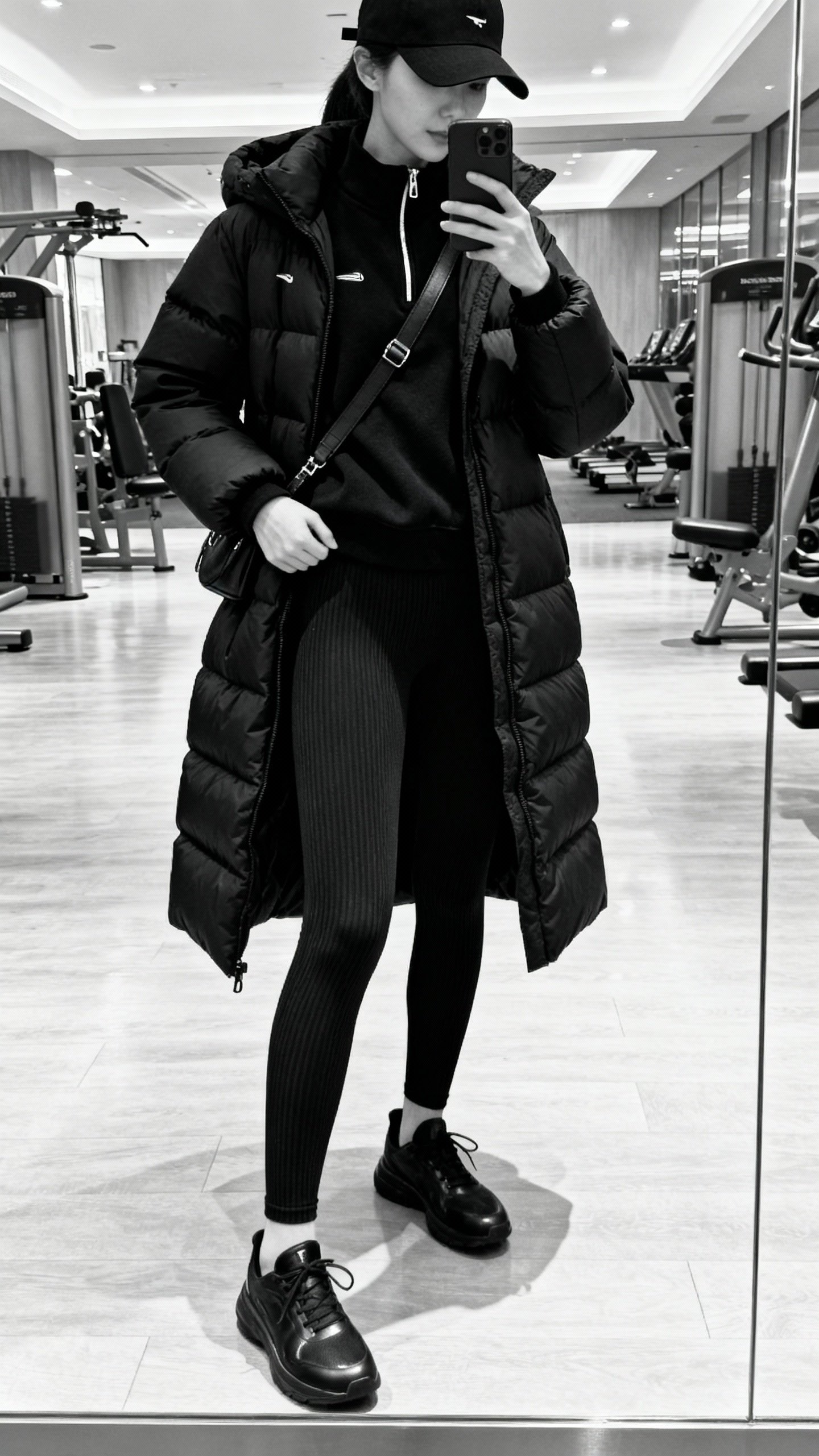 iPhone gym-lobby mirror selfie of a monochrome athluxury look: black longline puffer over a black half-zip fleece, matching ribbed leggings, sleek trainers, matte black cap, minimal crossbody; bright indoor light, cropped at neck, face not visible, natural iPhone aesthetic.