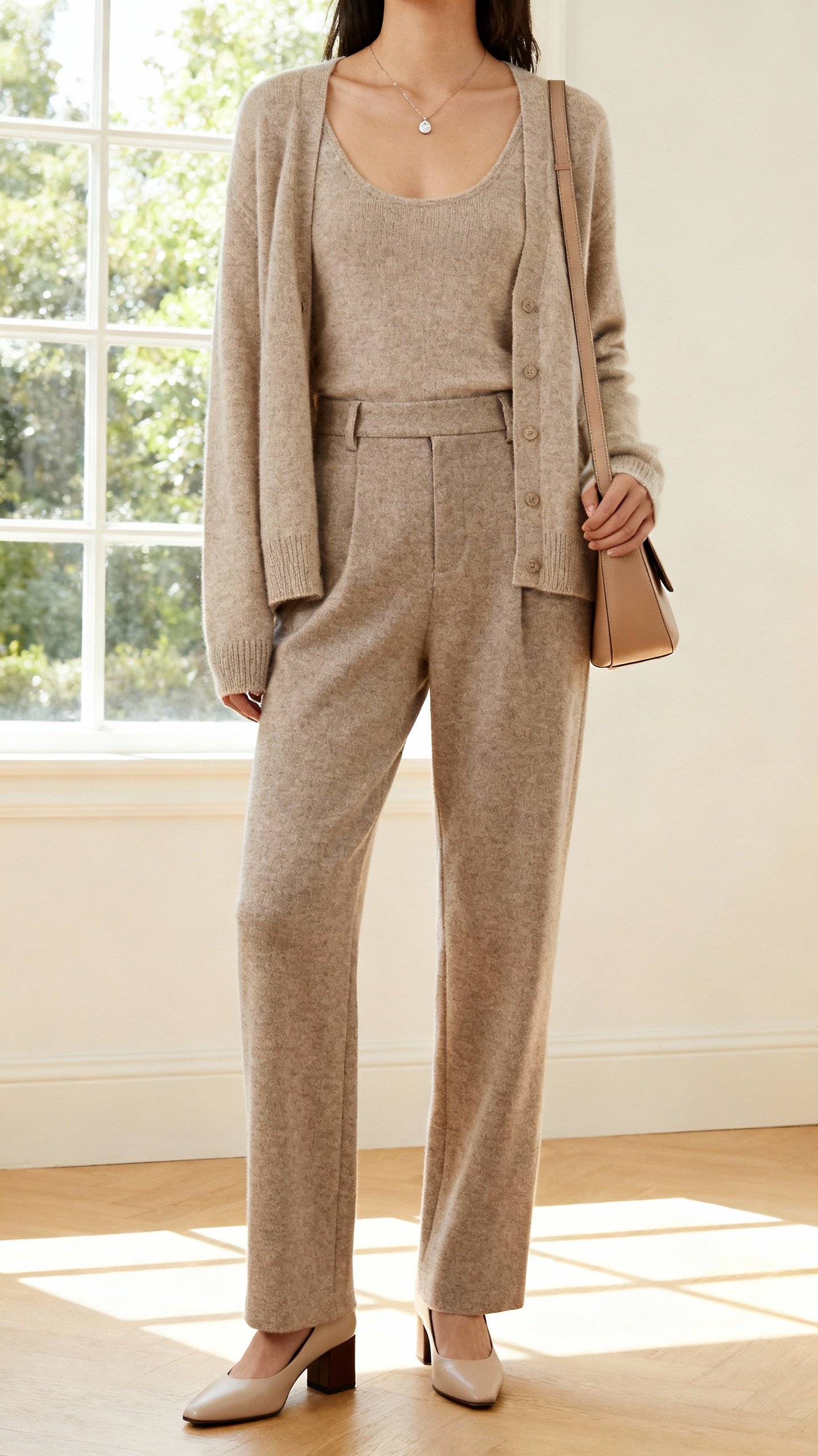 iPhone living-room mirror selfie of a matching cashmere cardigan set (tank + cardigan) in oatmeal, high-waist wool trousers, low block heels, delicate pendant, soft leather shoulder bag, face not visible, cropped at shoulders, afternoon window light, natural iPhone quality.