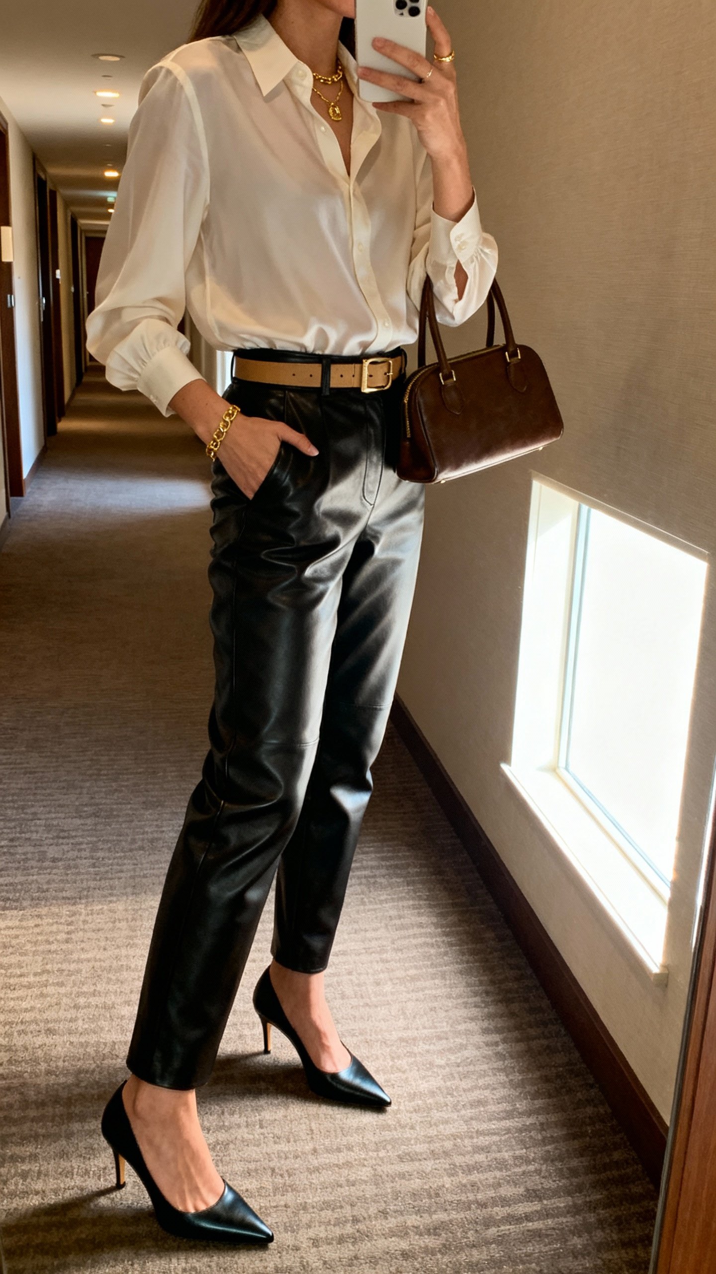 iPhone low-angle side selfie showing tailored leather pants, silk blouse tucked in, pointed slingbacks, slim belt, minimal gold jewelry, small top-handle bag, face not visible, hotel hallway lighting with window glow, natural iPhone aesthetic.