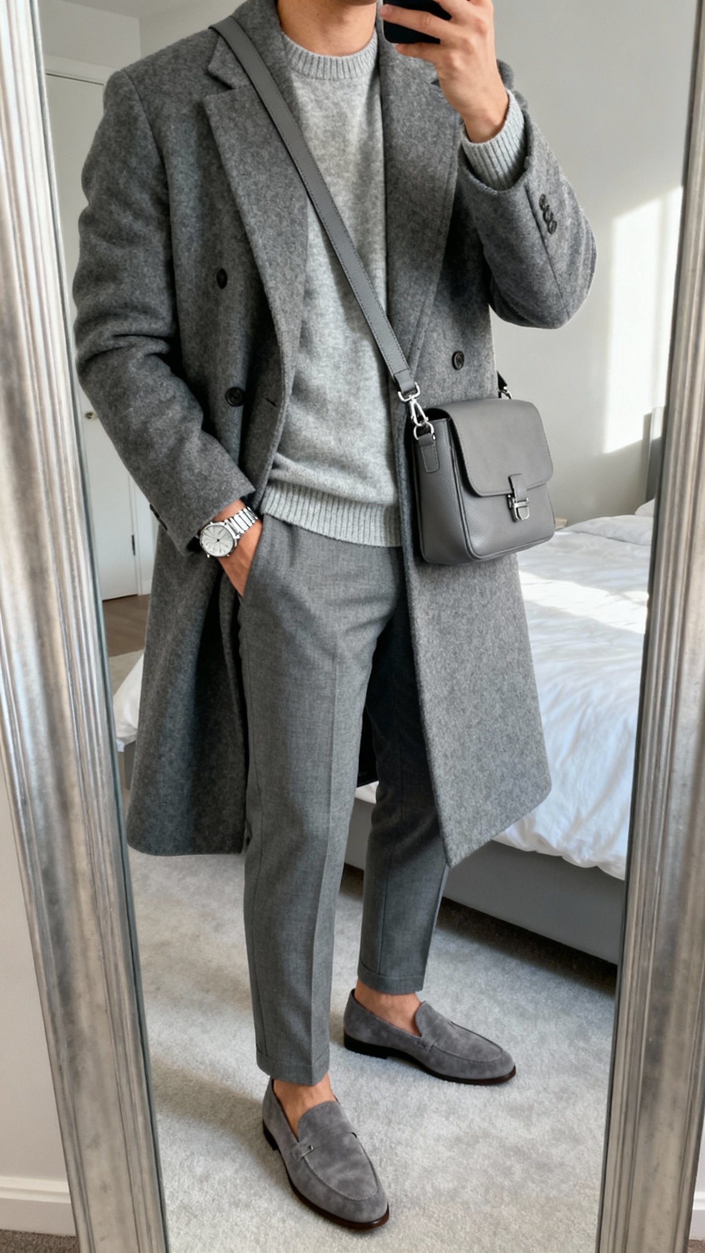 iPhone mirror selfie in a head-to-toe gray look: gray wool coat, light-gray cashmere sweater, gray tailored trousers, gray suede loafers, silver watch, gray crossbody, face not visible, cropped at shoulders, bedroom mirror with soft daylight, natural iPhone photo.