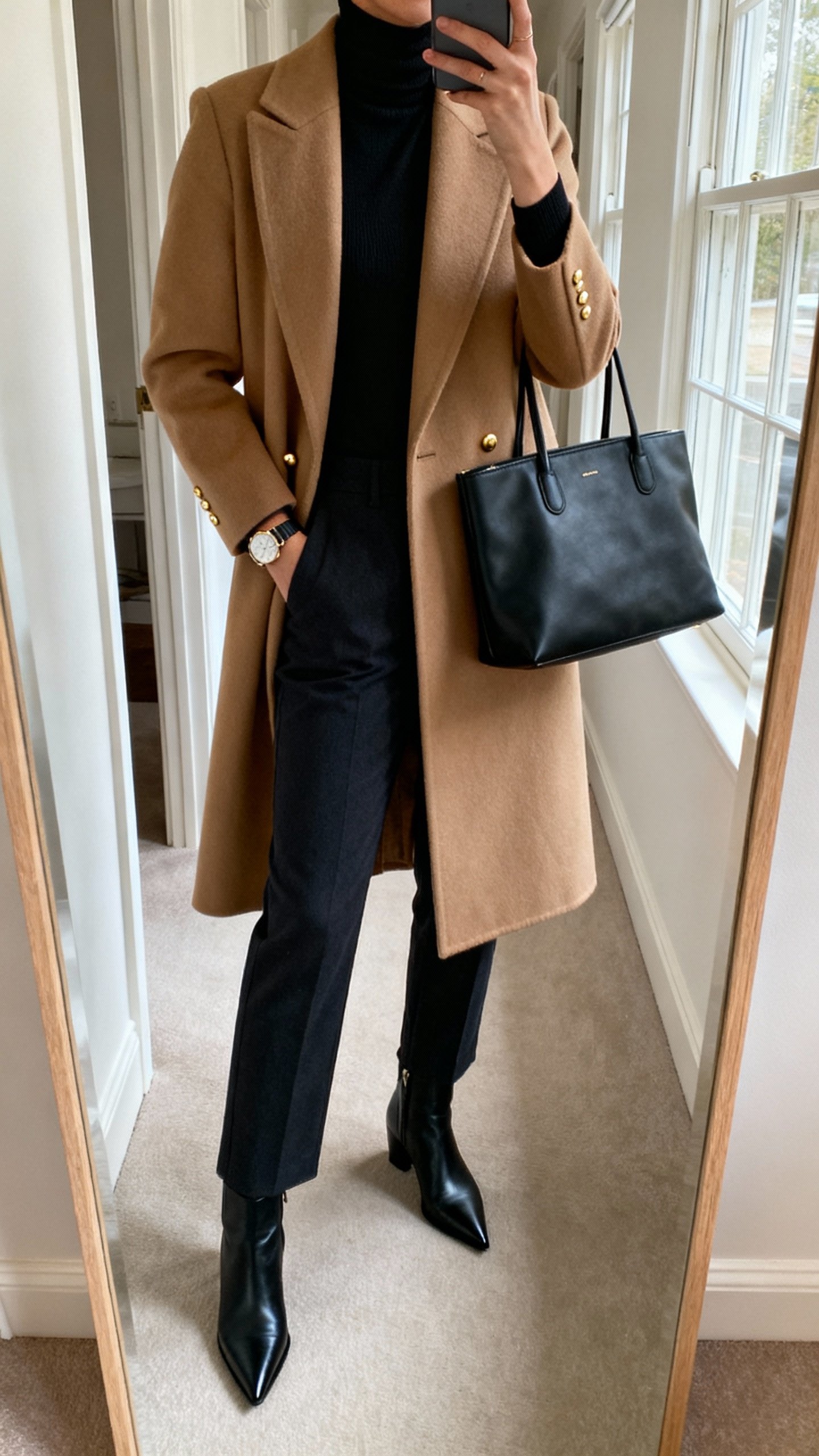 iPhone mirror selfie of a tailored camel coat over a slim black turtleneck, straight-leg dark trousers, pointed black ankle boots, structured black tote, minimal gold studs and watch, face not visible, cropped at neck, hallway mirror with morning window light, natural iPhone photo quality.