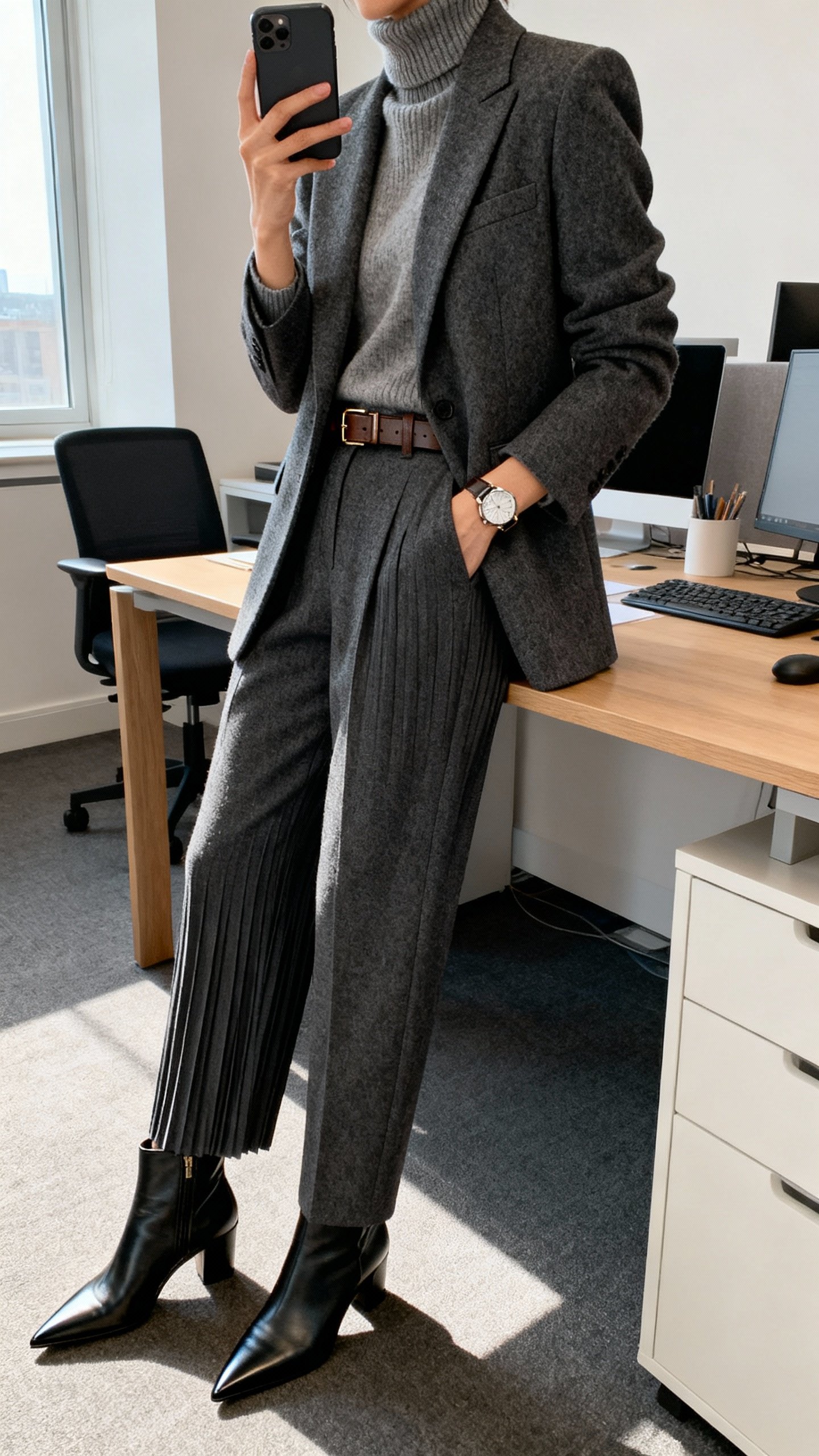 iPhone office desk selfie, side angle, showing a charcoal wool suit (blazer + pleated trousers) with a cashmere turtleneck layered underneath, pointed-toe ankle boots, slim leather belt, understated watch; morning office light, face not visible, natural iPhone quality.