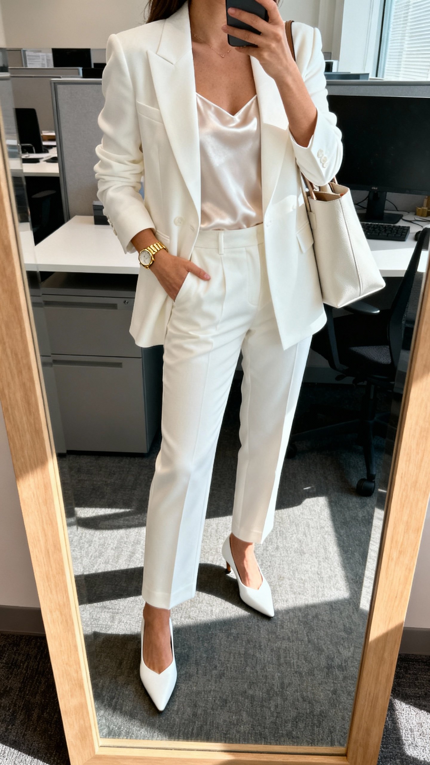 iPhone office mirror selfie of a woman in an all-white tailored power suit (structured blazer and straight-leg trousers) with a silk camisole, pointed white pumps, minimal gold watch and tote, face not visible, morning light, natural iPhone photo quality.
