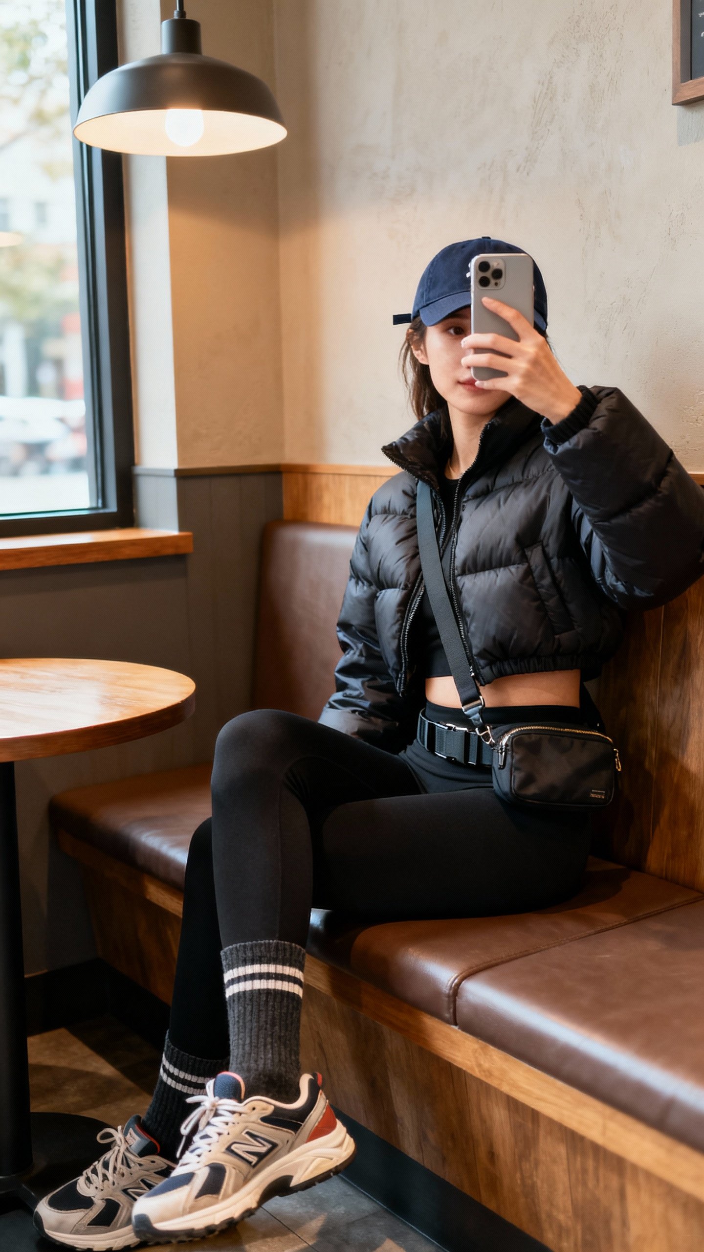 iPhone selfie side-angle in coffee shop booth showing cropped puffer jacket, black leggings, crew socks with sporty sneakers, baseball cap and crossbody belt bag, face not visible, indoor cafe light by window, casual iPhone photo.