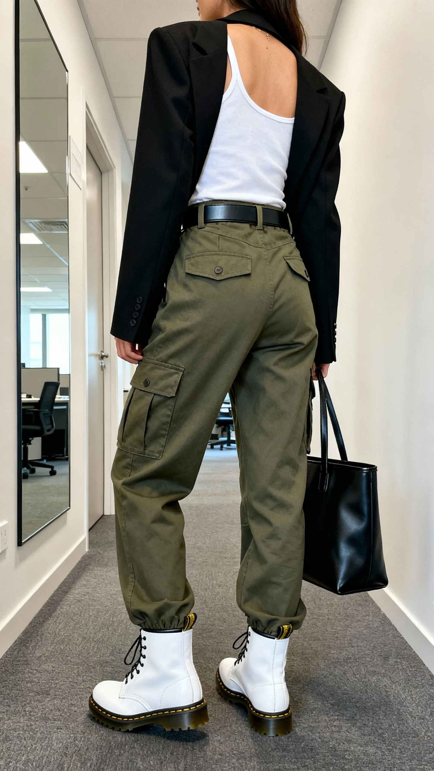 iPhone back-view hallway selfie of a woman in utility-cool style: olive cargo pants, sharp black blazer, white tank, white Doc Martens, sleek belt, black structured tote; face not visible, office corridor mirror, bright indoor lighting, natural iPhone quality.