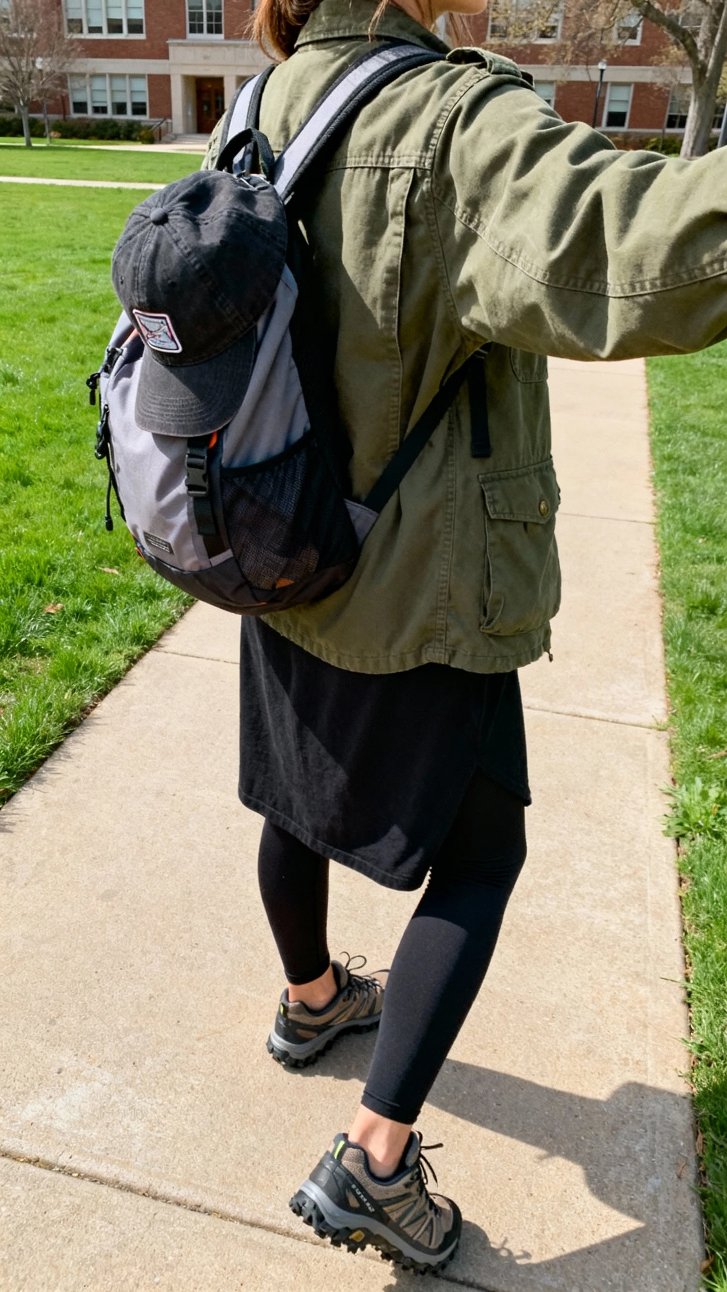 iPhone back-view selfie of a woman in an olive utility jacket over a longline black tee, black leggings, trail-style sneakers, baseball cap clipped to bag, sporty backpack, face not visible, campus green path, bright natural daylight, casual iPhone quality.