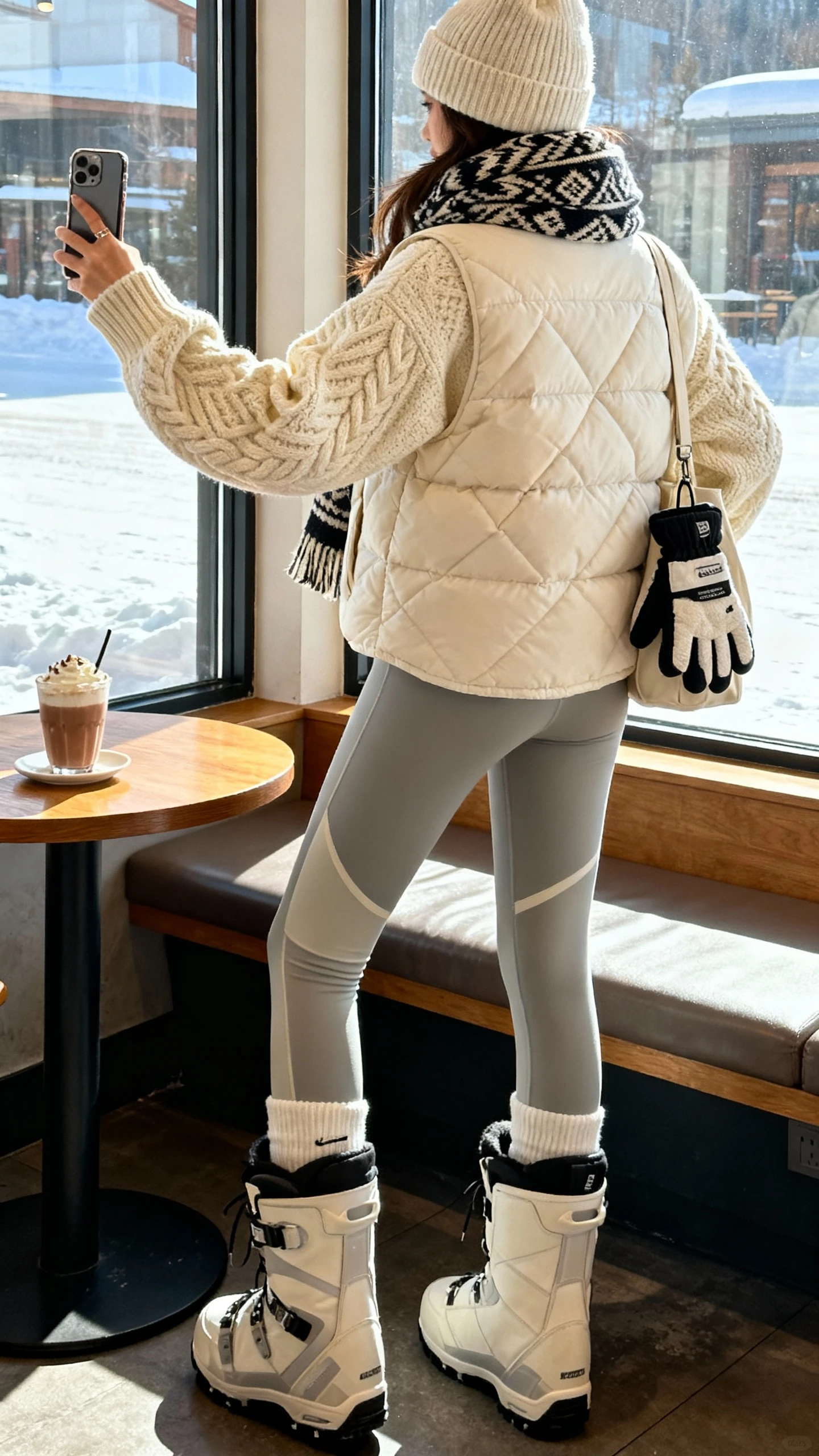 iPhone back-view selfie of a woman in après-ski energy: cream cable-knit sweater, quilted vest, thermal leggings, chunky snow boots, wool beanie, patterned scarf, mittens clipped to bag, face not visible, taken by cafe window with hot cocoa on table, morning light, casual iPhone photo.