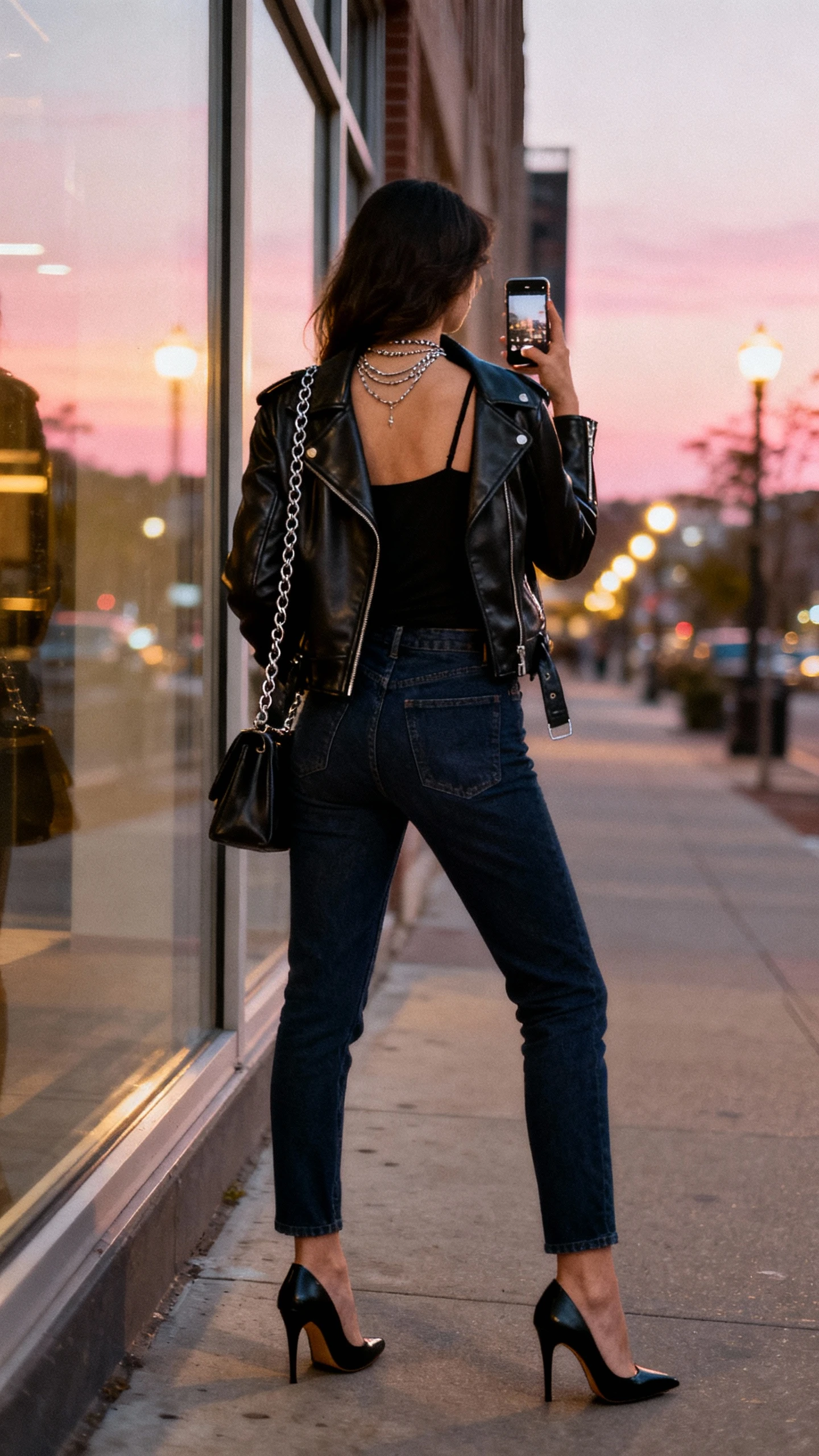 iPhone back-view selfie of a woman wearing a black leather moto jacket over a black camisole, dark blue jeans, black stiletto heels, chain-strap bag, layered necklaces, face not visible, taken on a city sidewalk window reflection at dusk, streetlights and natural evening light, casual iPhone quality.