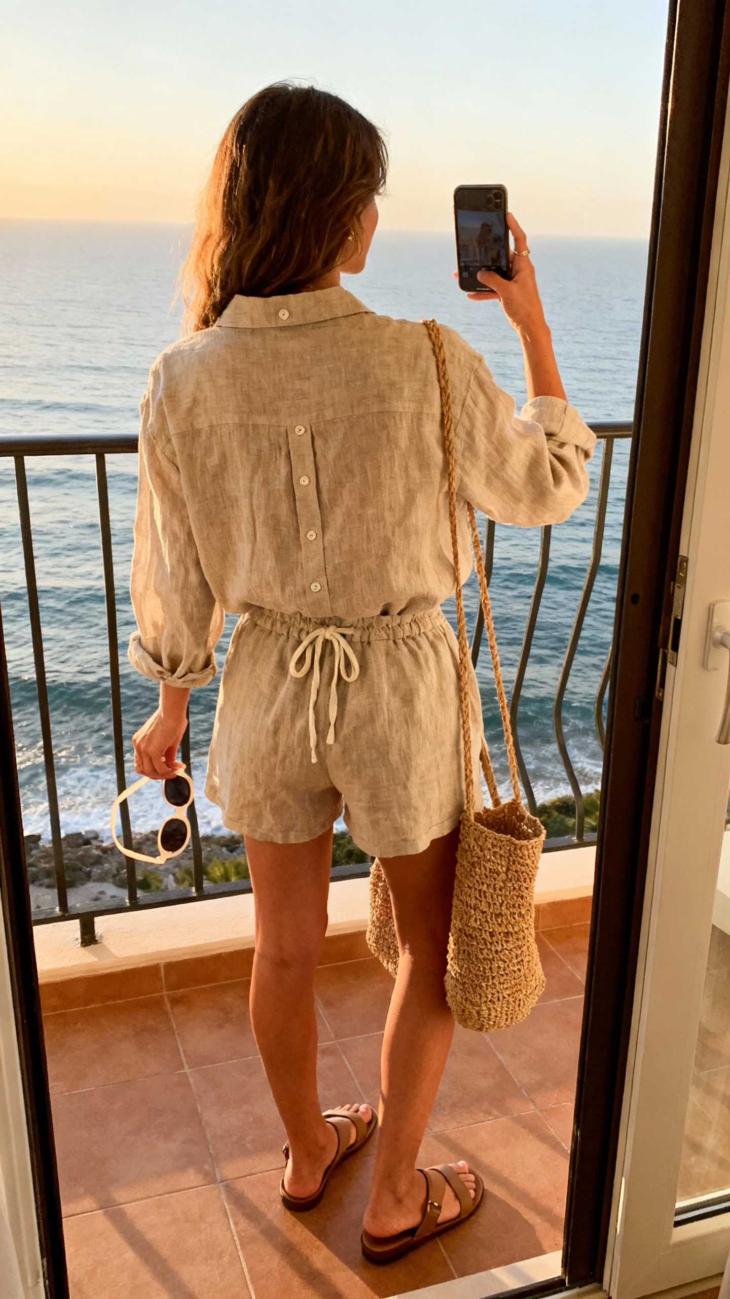 iPhone back-view selfie of a woman wearing a breezy matching linen set (button-up shirt and drawstring shorts), flat sandals, woven tote, sunglasses in hand; face not visible, hotel balcony doorway with ocean-y morning light vibe, natural iPhone photo quality