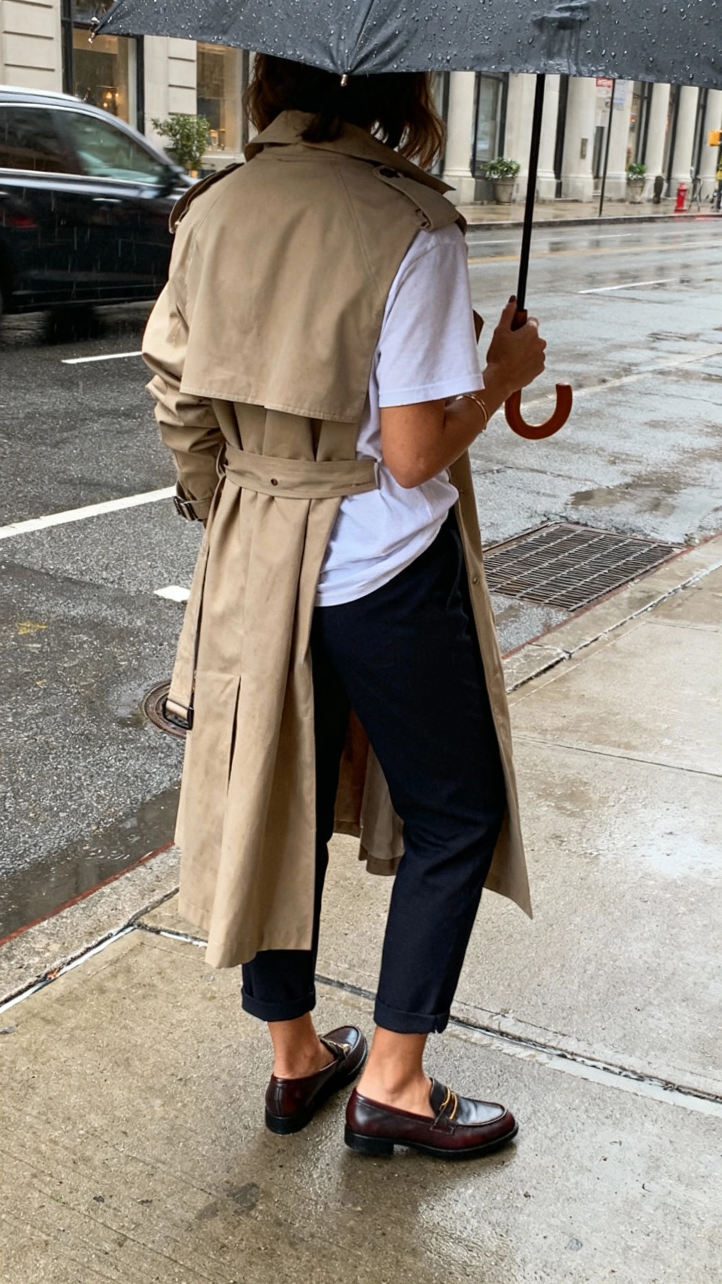 iPhone back-view selfie of a woman wearing a classic trench layered over a tee with cropped pants, weather-ready loafers, and an umbrella in hand, face not visible, city street on a drizzly day, natural daylight, casual iPhone photo
