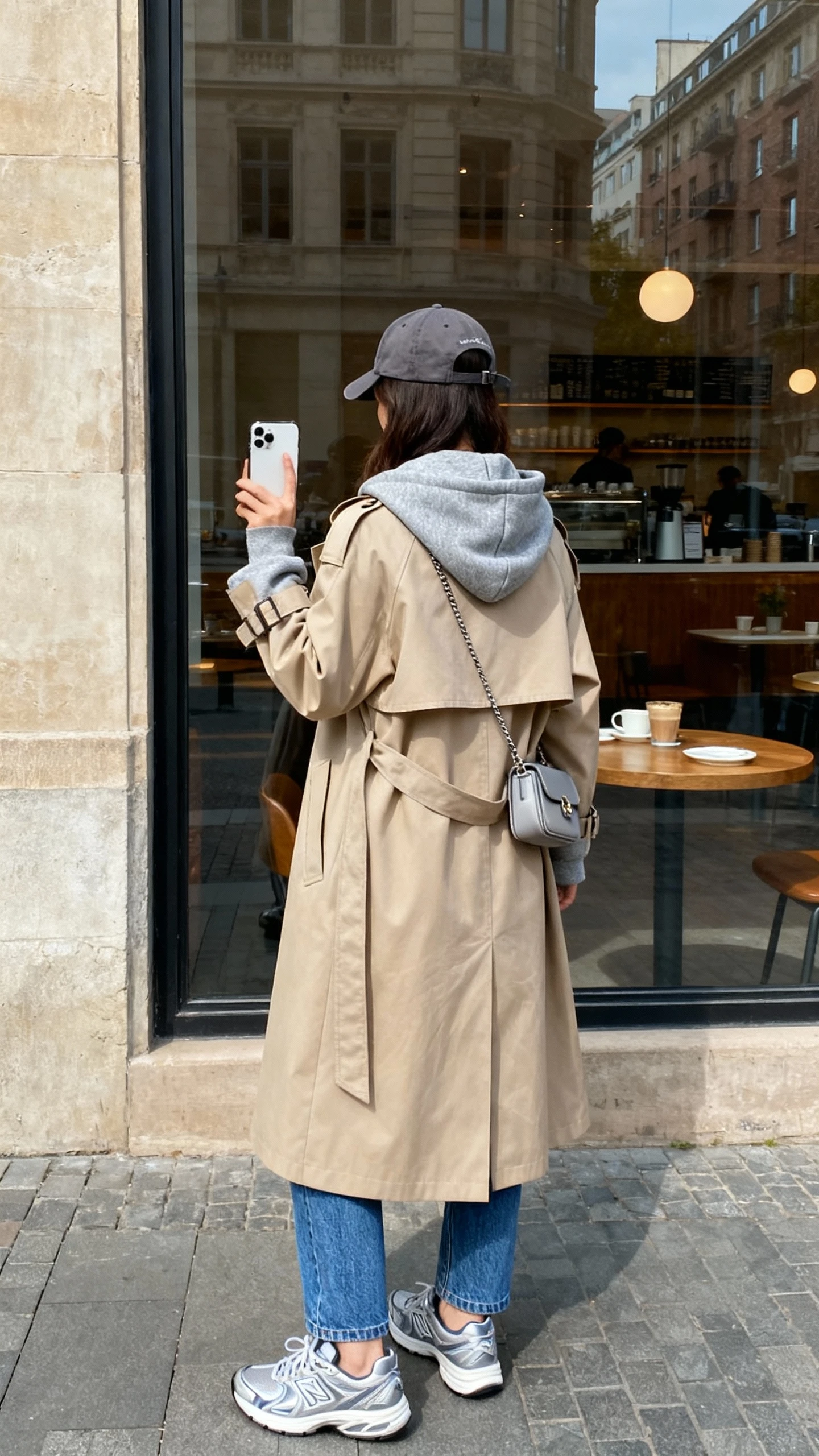 iPhone back view selfie of a woman wearing a gray hoodie layered under a beige trench coat with blue jeans, sleek sneakers, baseball cap, mini crossbody, face not visible, city café window reflection, natural daylight, casual iPhone aesthetic.