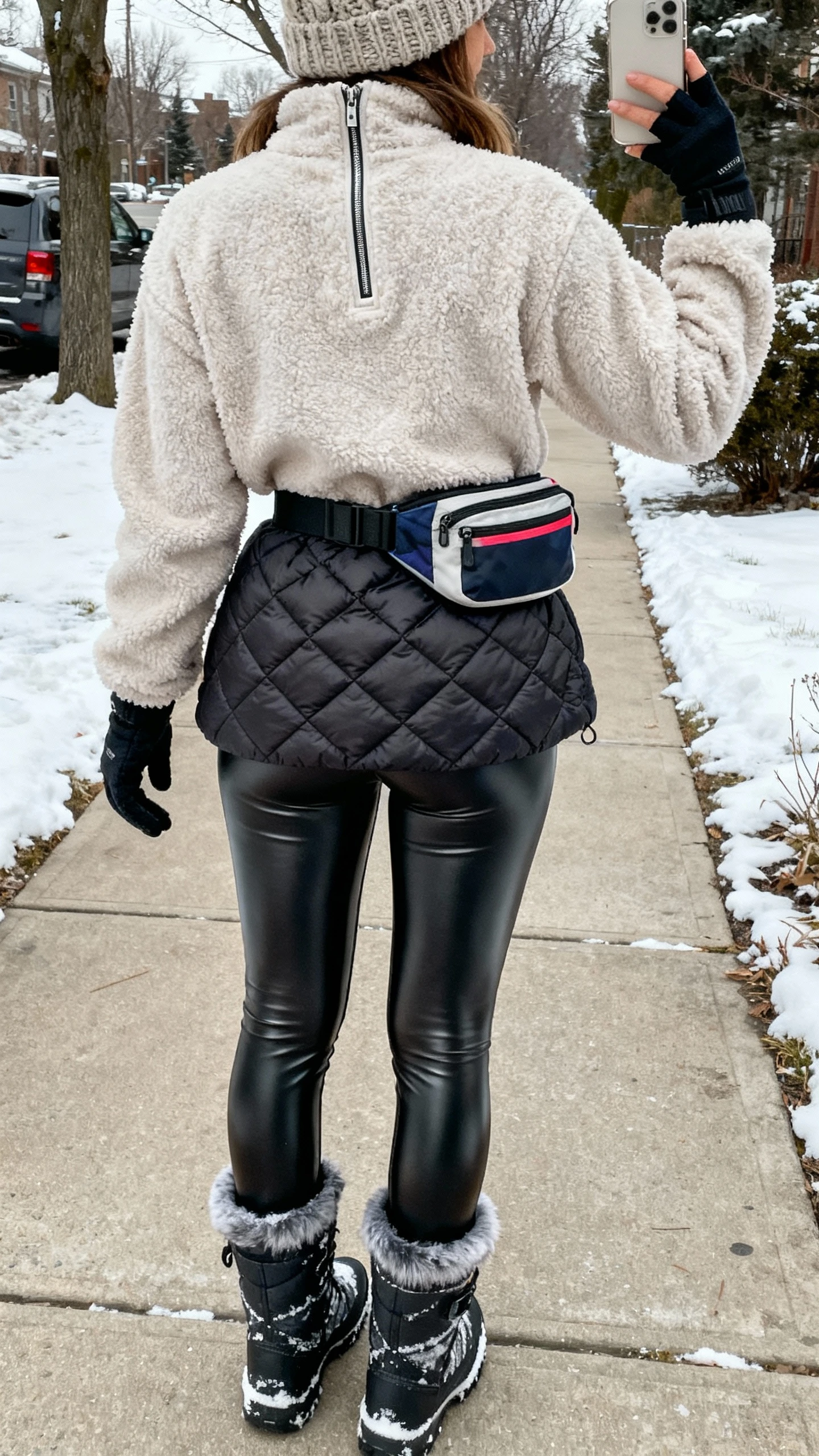 iPhone back-view selfie of a woman wearing a half-zip sherpa pullover, high-rise faux leather leggings, insulated snow boots, a quilted short puffer, chunky beanie, touchscreen gloves, and a sporty belt bag; snowy sidewalk, face not visible, overcast natural light, natural iPhone photo quality.