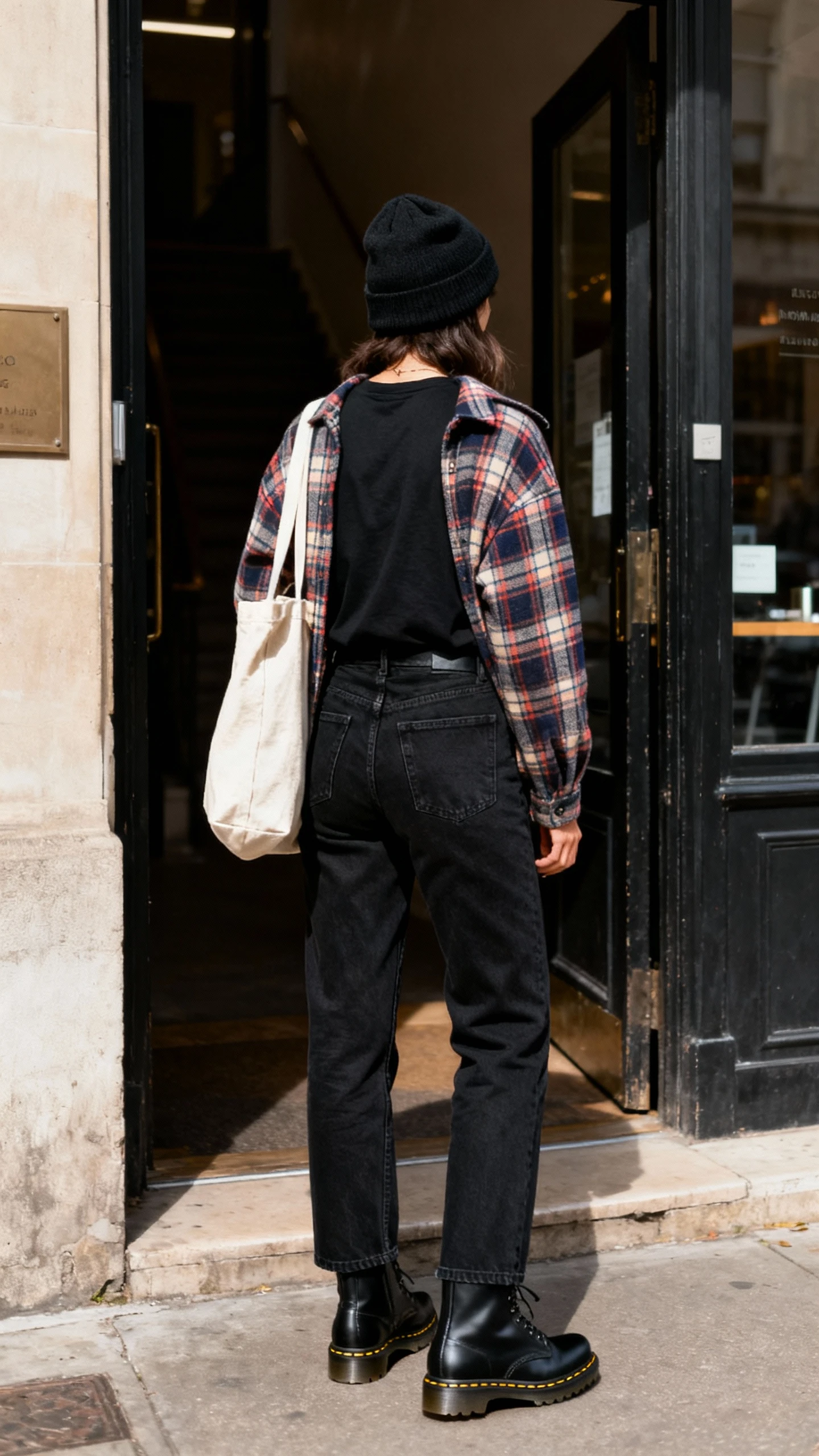iPhone back-view selfie of a woman wearing a plaid shacket over a black tee with black straight-leg denim, black Doc Martens, beanie, and a canvas tote, face not visible, city street doorway, natural daylight, casual iPhone aesthetic.