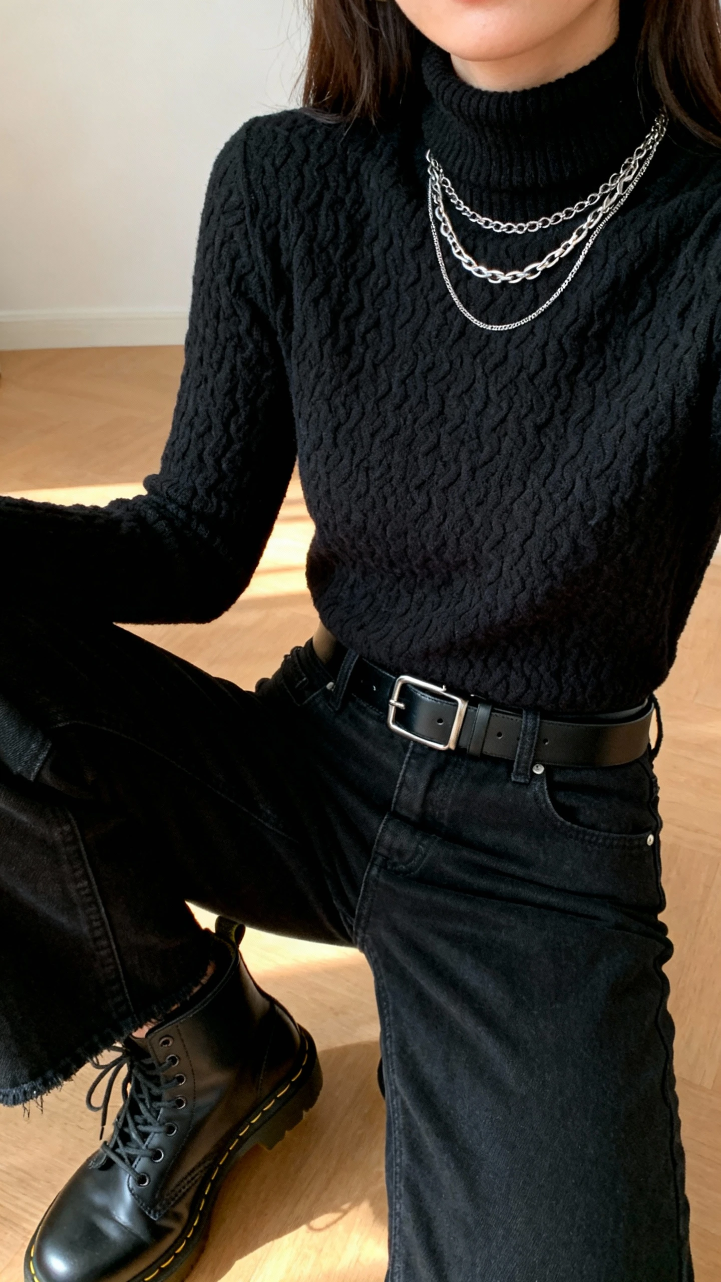 iPhone bathroom mirror selfie of a woman in an all-black monochrome look: textured black turtleneck, black coated jeans, black Doc Martens, black belt, and layered silver necklaces, face not visible, cropped at shoulders, warm indoor light, natural iPhone photo.