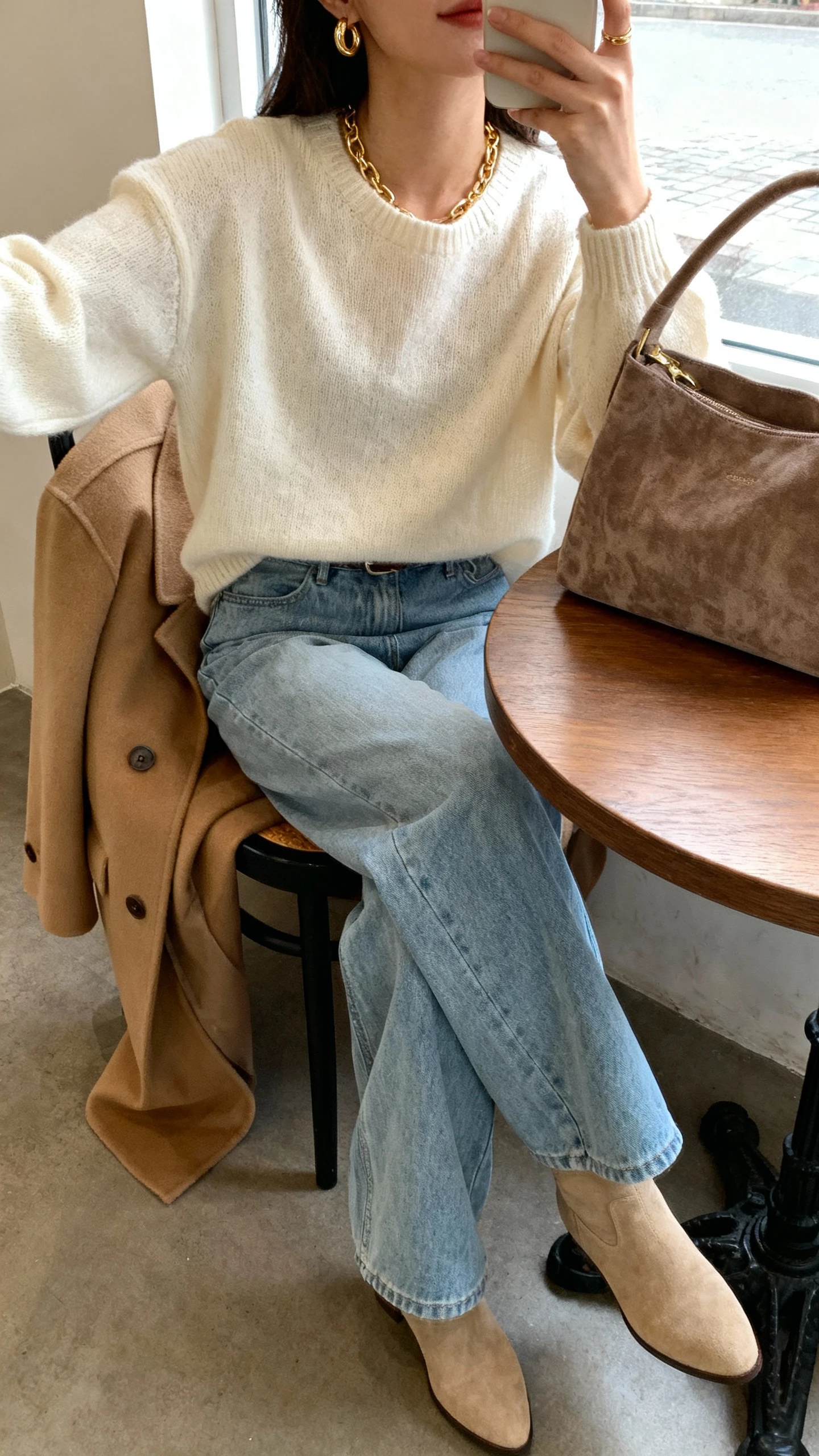 iPhone cafe table selfie cropped at shoulders showing a woman in a cream lightweight sweater, light blue wide-leg jeans, camel coat over chair, beige ankle boots, textured suede tote, gold huggies and chain, face not visible, natural morning light by window, natural iPhone photo quality.