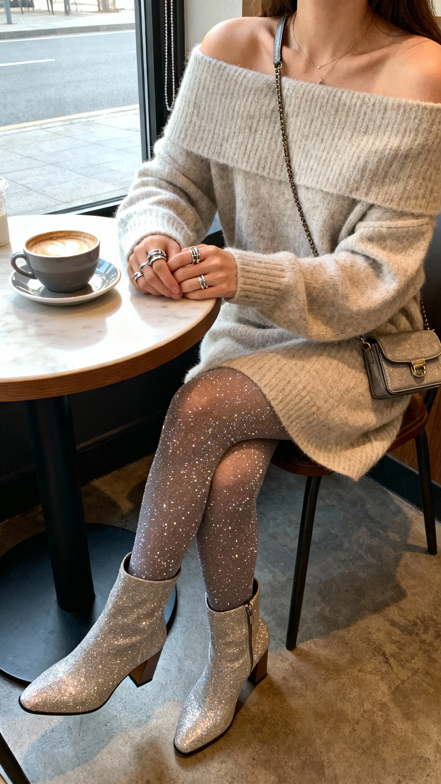 iPhone cafe table selfie cropped at shoulders showing a woman in an off-shoulder sweater dress with sparkly tights and heeled boots, layered rings and a small crossbody, face not visible, cozy coffee shop window light, natural iPhone photo quality.