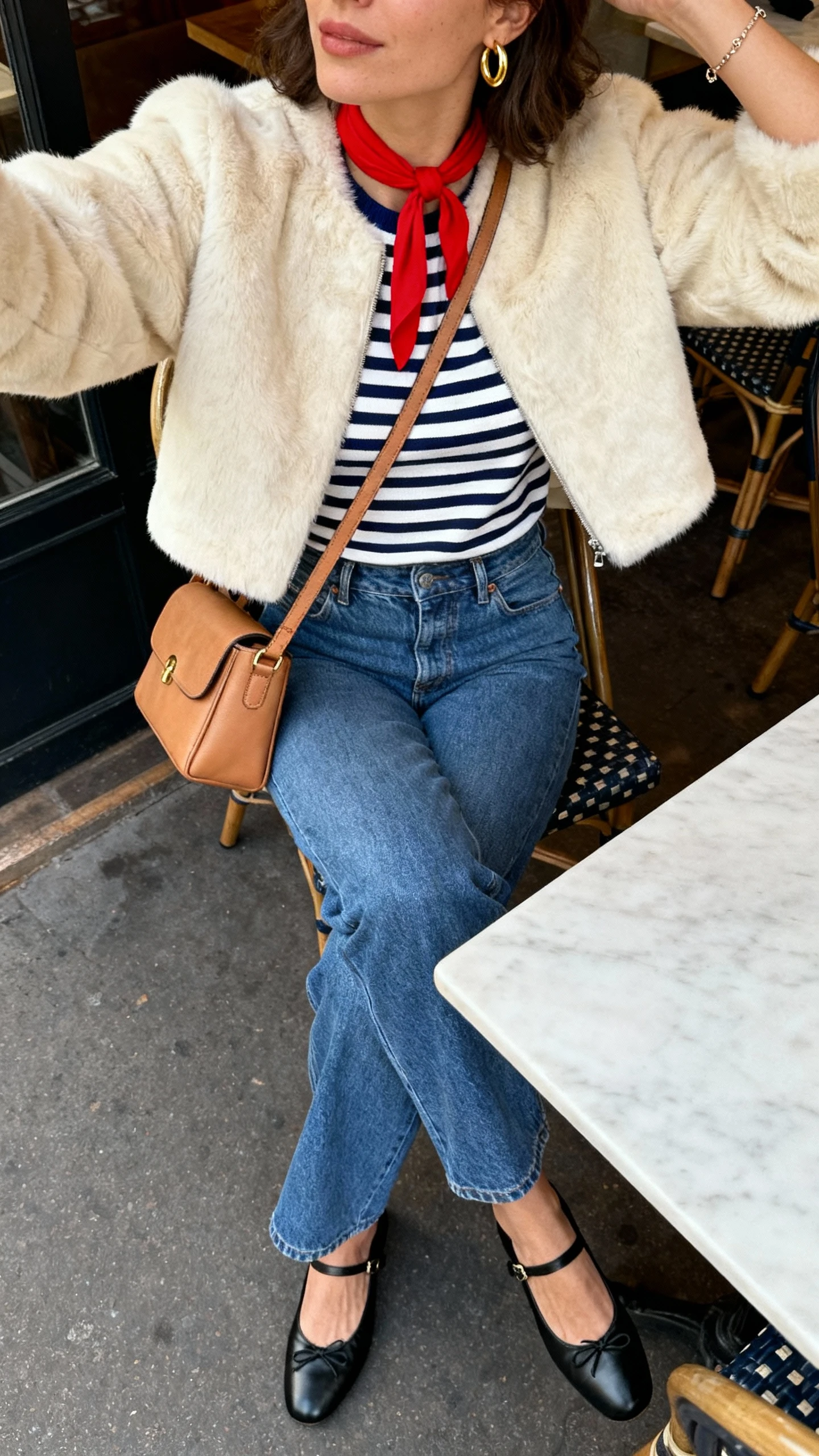 iPhone cafe table selfie, downward angle, of a woman wearing a cropped cream faux fur jacket, navy-and-white Breton striped top, high-rise straight blue jeans, black leather ballet flats, camel structured crossbody, thin red neckerchief, gold hoop earrings and delicate bracelet; face not visible, natural morning light, natural iPhone photo quality.