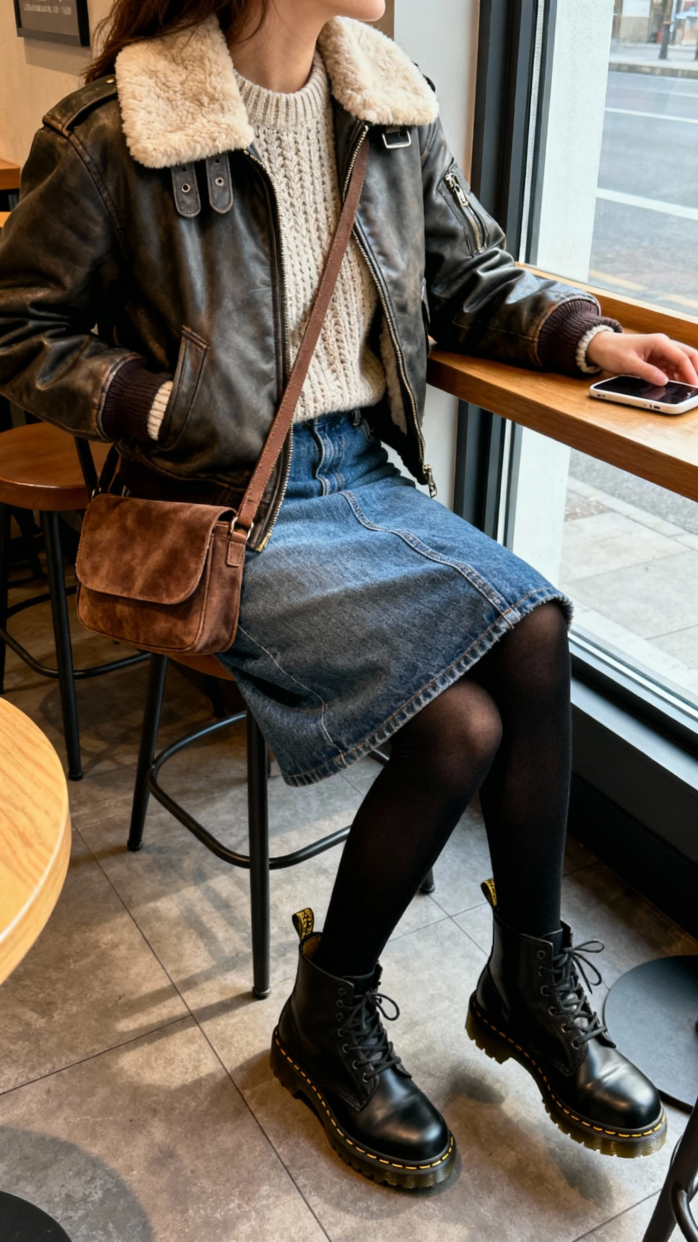 iPhone cafe window selfie of a woman in a shearling aviator jacket over a knit sweater, denim skirt with black tights, black Doc Martens, and a suede crossbody, face not visible, side angle seated, soft natural window light, casual iPhone photo.