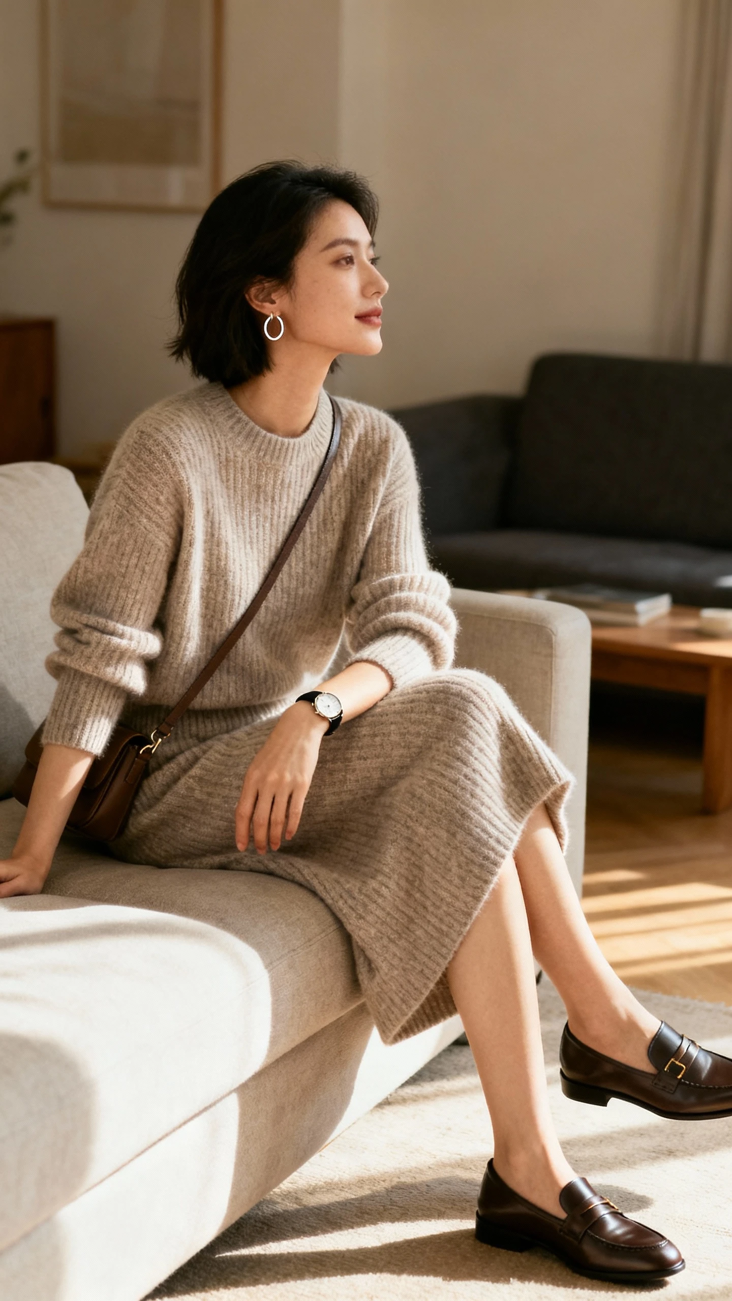 iPhone couch selfie from side angle showing a woman in an elevated knit set: fine-knit sweater and matching knit midi skirt, sleek loafers, delicate hoop earrings, slim watch, crossbody bag; face not visible, living room with soft afternoon light, natural iPhone photo quality.