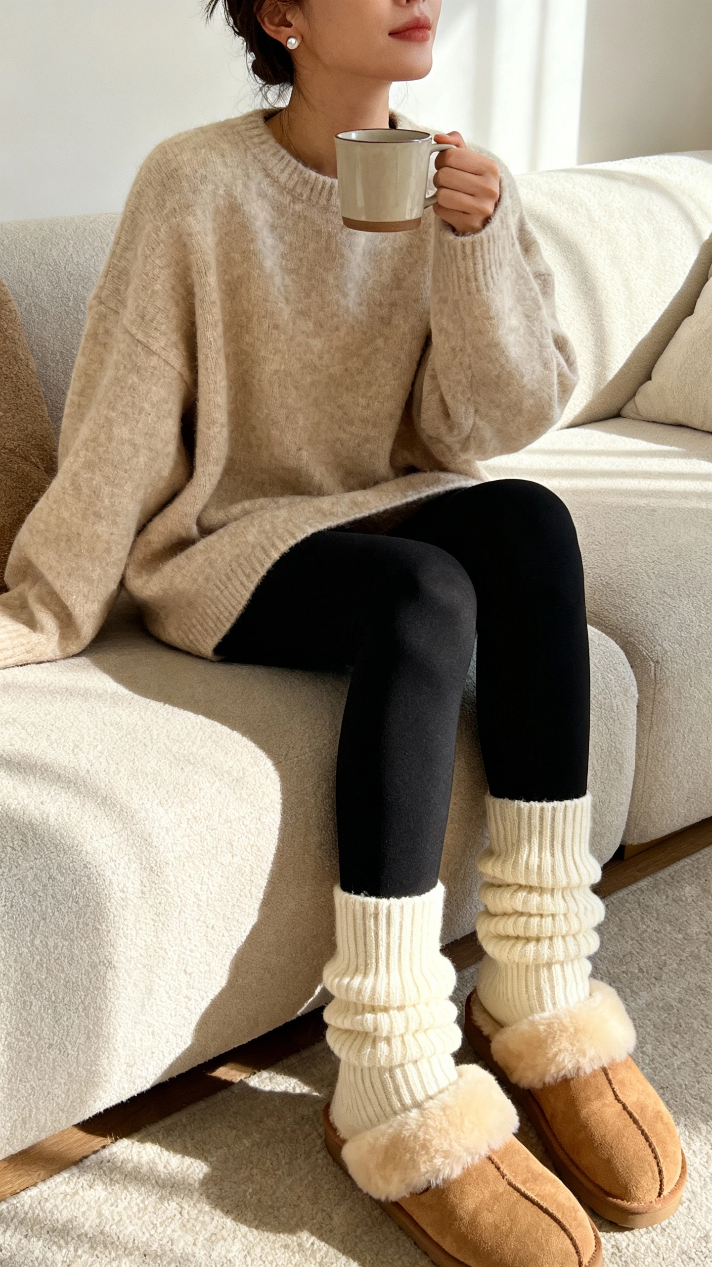 iPhone couch selfie side-angle of a woman in an oversized beige sweater, black leggings, chunky cream socks, tan shearling-lined slippers, simple stud earrings, holding a mug, face not visible, cozy living room afternoon light, natural iPhone photo.