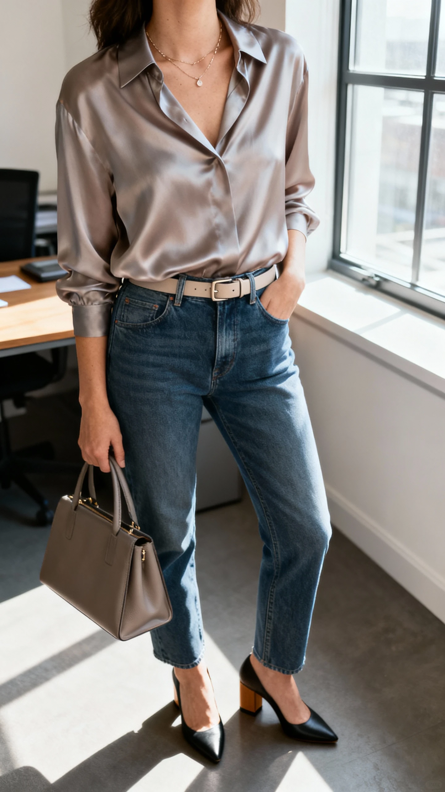 iPhone desk selfie cropped at neck of a woman wearing a silk blouse tucked into straight-leg jeans, block-heel pumps, slim belt, dainty necklace, structured tote, face not visible, office setting with window light, natural iPhone photo quality.