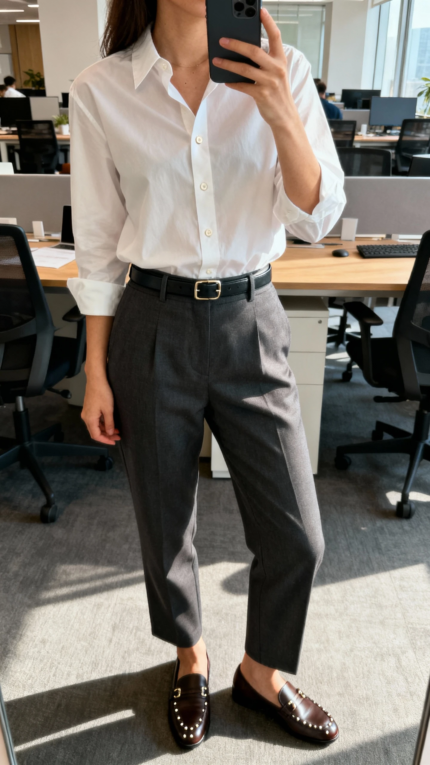 iPhone desk selfie cropped at shoulders showing a woman wearing a crisp button-down tucked into high-waist trousers, slim belt, loafers, and subtle studs, face not visible, open-plan office setting, morning light, natural iPhone aesthetic