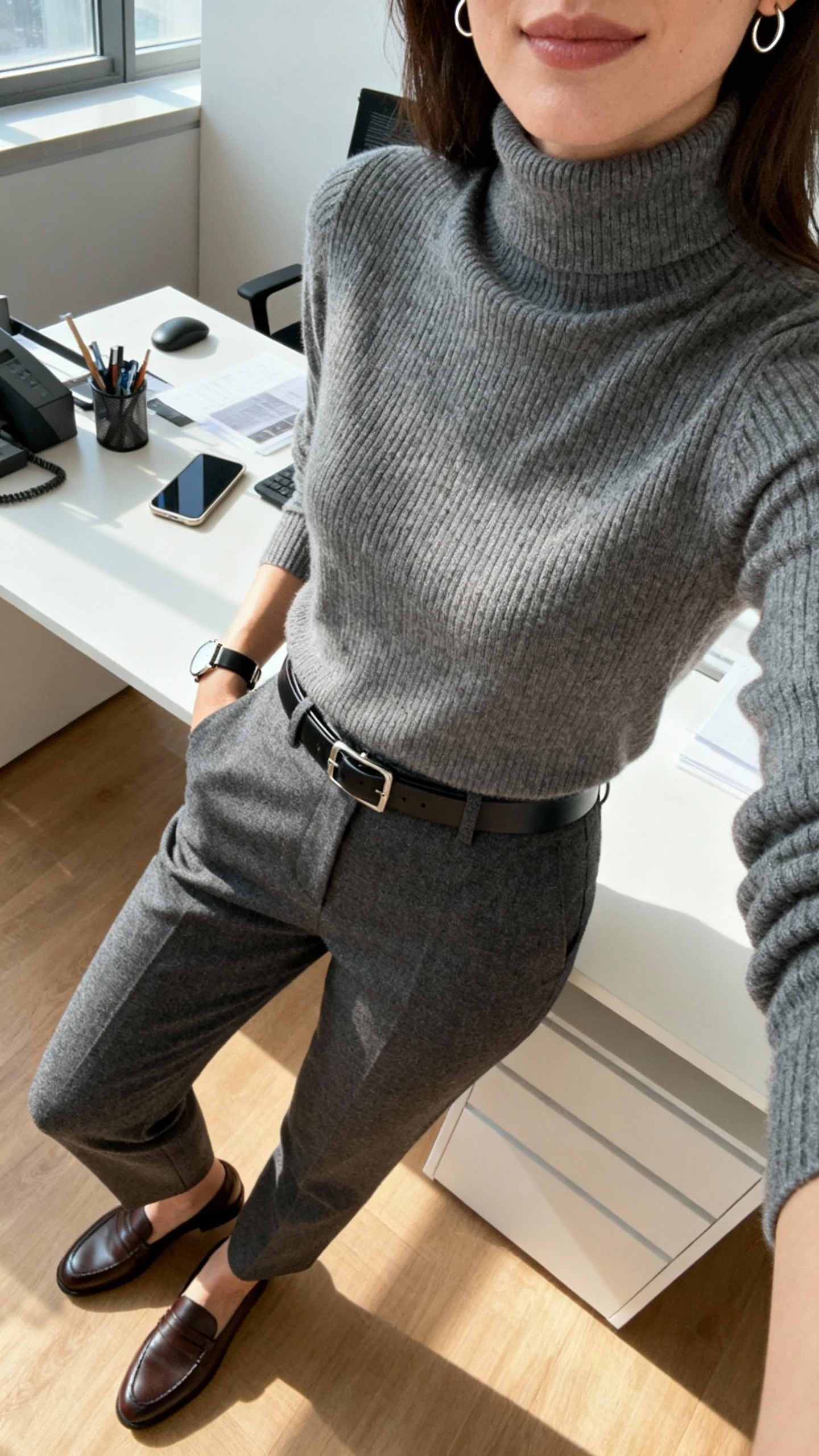 iPhone desk selfie from shoulder-down of a woman in sharp dress pants + turtleneck combo: wool dress pants, fine-knit turtleneck, sleek belt, loafers, minimalist watch, small hoop earrings; face not visible, office setting with morning light, natural iPhone photo quality.