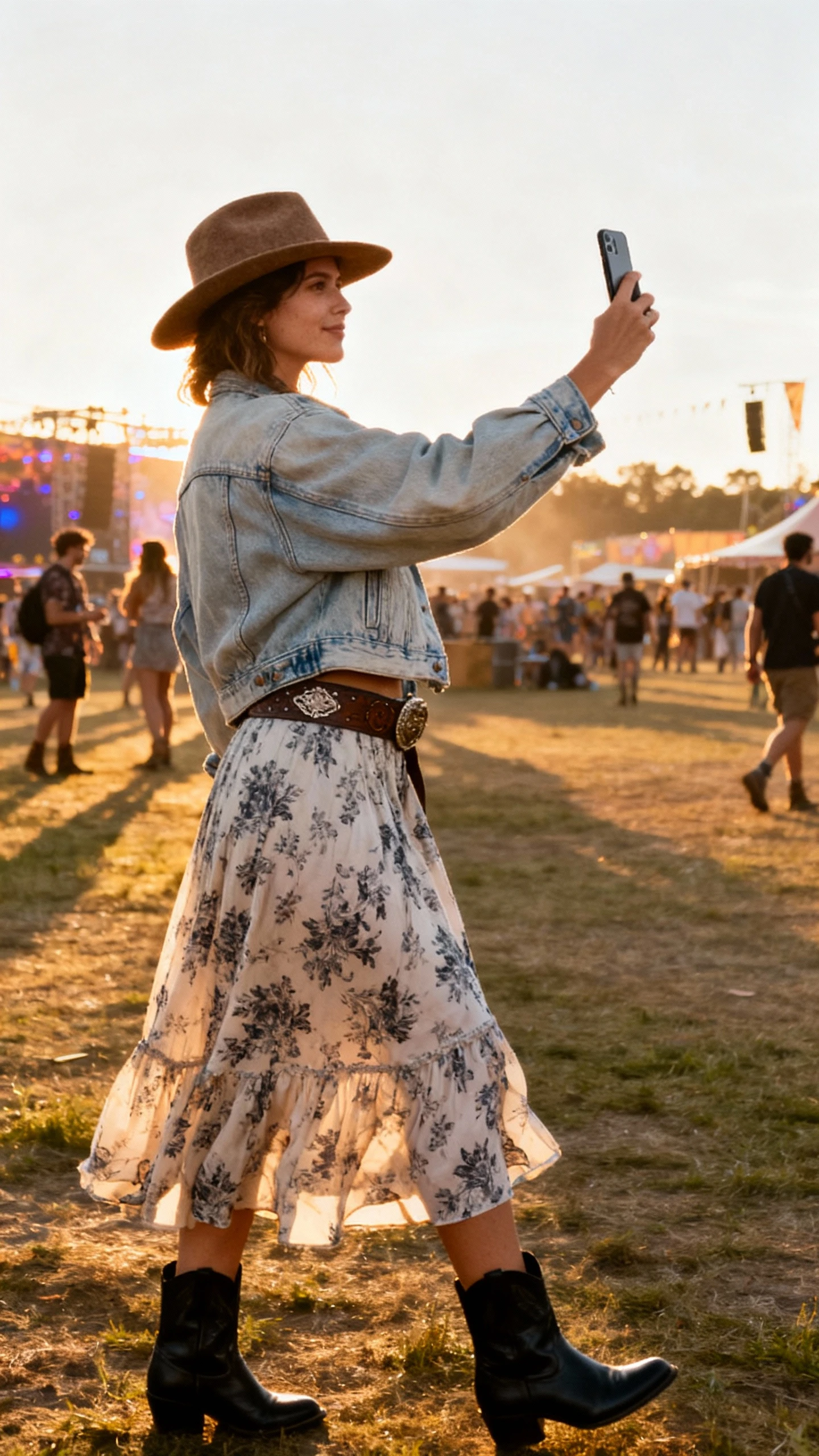 iPhone festival grounds selfie from a side angle showing a woman in an oversized light-wash denim jacket, flowy printed midi skirt, black ankle boots, a Western-inspired belt, and a felt hat; golden-hour outdoor light, face not visible, natural iPhone photo quality.