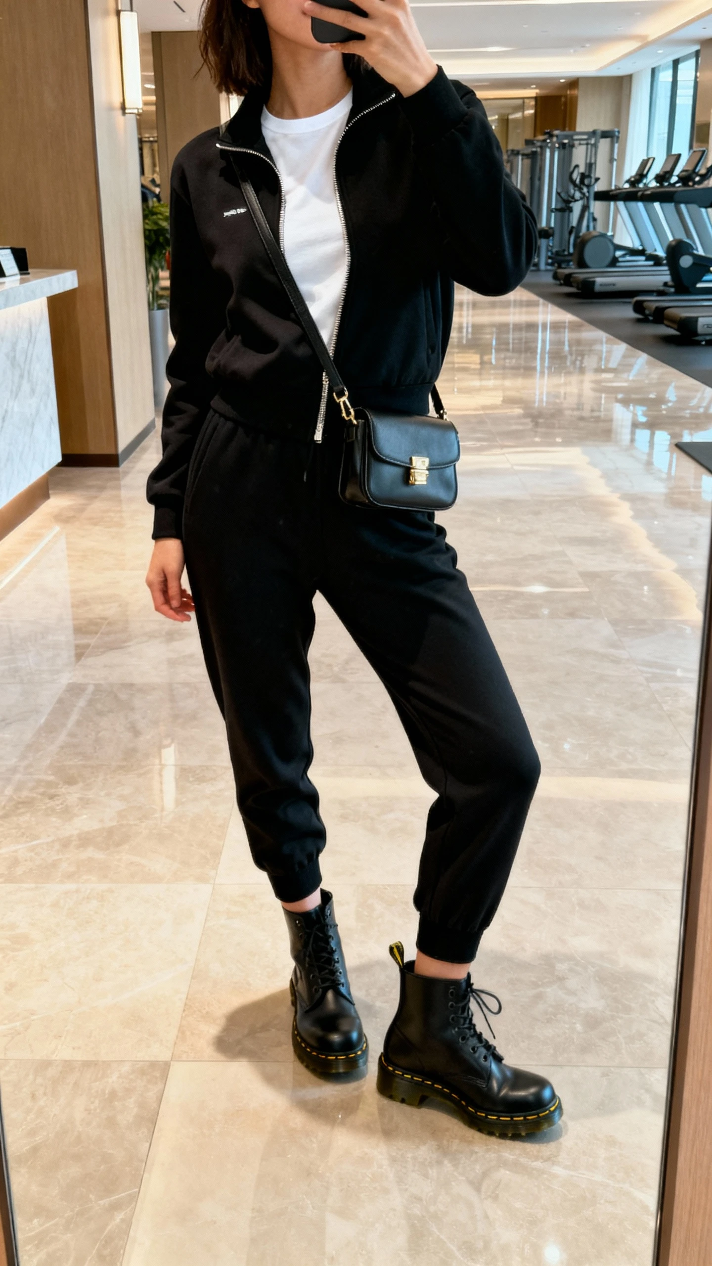 iPhone gym-lobby mirror selfie of a woman in a sleek black tracksuit (zip jacket and tapered joggers), white tee under, black Doc Martens for a sporty-luxe twist, mini shoulder bag, face not visible, bright indoor lighting, natural iPhone photo quality.