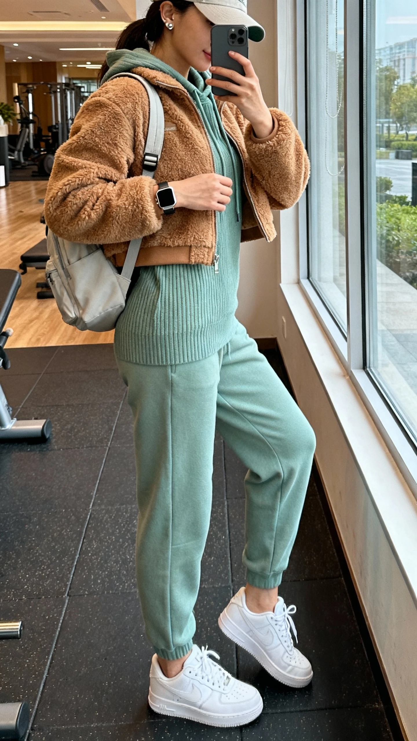 iPhone gym-lobby selfie of a woman in a short caramel teddy-style jacket, matching ribbed knit set in sage (hoodie and joggers), clean white sneakers, baseball cap, minimal backpack, simple studs and a smartwatch; face not visible, side angle by a window, natural iPhone photo quality.