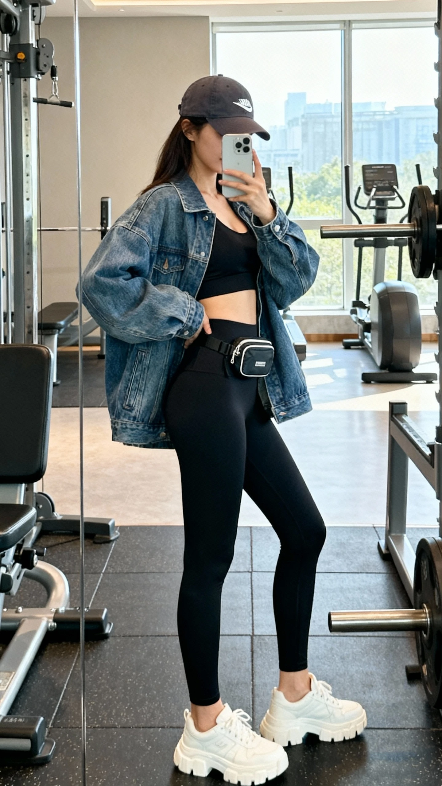 iPhone gym-mirror selfie of a woman wearing an oversized denim jacket over a black sports bra and high-waisted black leggings, white chunky sneakers, baseball cap, and a small belt bag; side angle, face not visible, bright indoor lighting, natural iPhone photo quality.